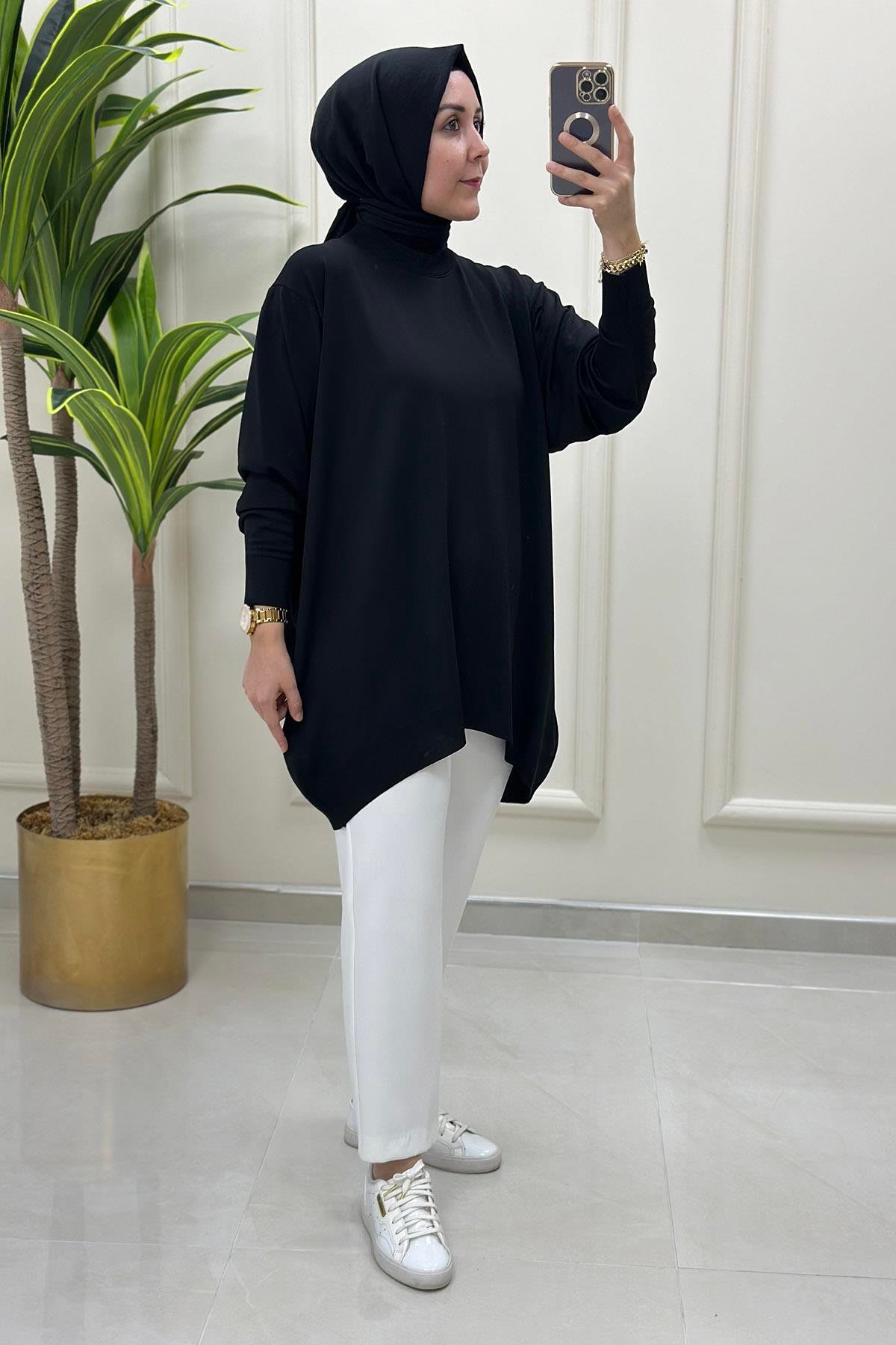 Tesettür TunikDüşük Omuz Merserize Kadın Tunik Siyah KADO 9176