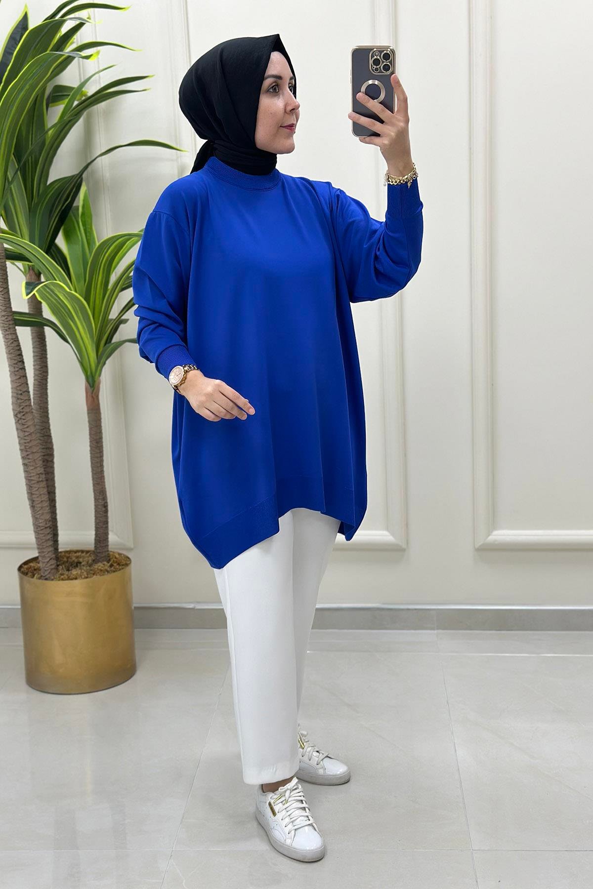 Tesettür TunikDüşük Omuz Merserize Kadın Tunik Saks Mavisi KADO 9176