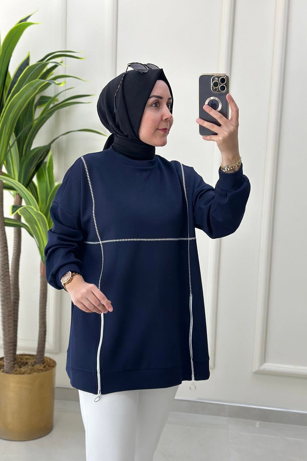Tesettür TunikDüşük Omuz Önü Dikiş ve Fermuar Detaylı Kadın Tunik Lacivert MSE 3204