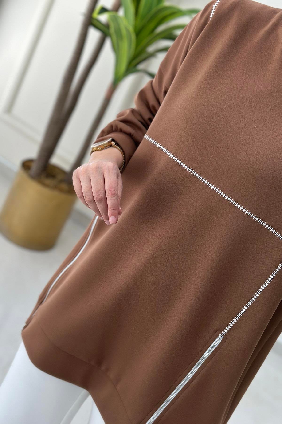 Tesettür TunikDüşük Omuz Önü Dikiş ve Fermuar Detaylı Kadın Tunik Taba MSE 3204