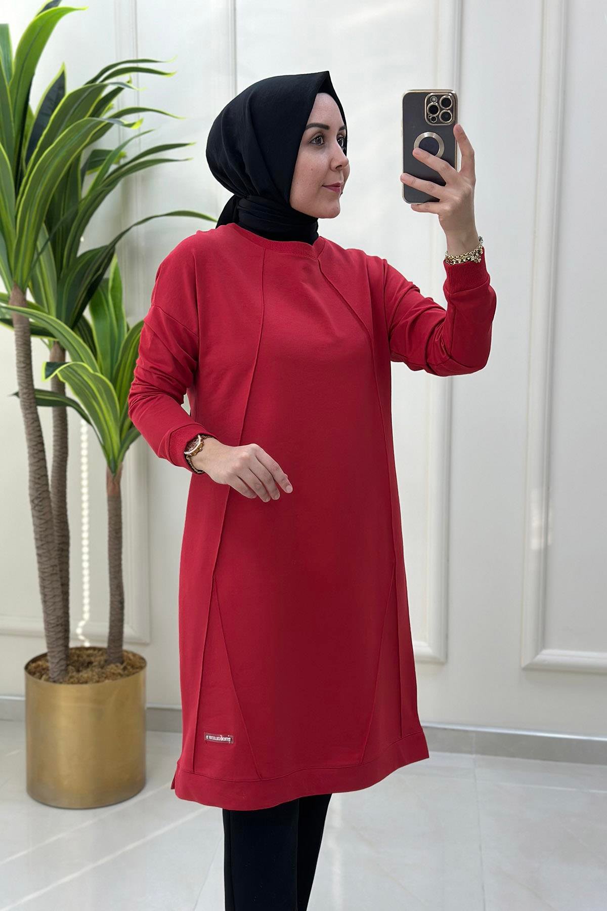 Tesettür TunikDüşük Omuz Önü Nervürlü Ribanalı Kadın Tunik Zümrüt Açık Kırmızı KADO 9236 