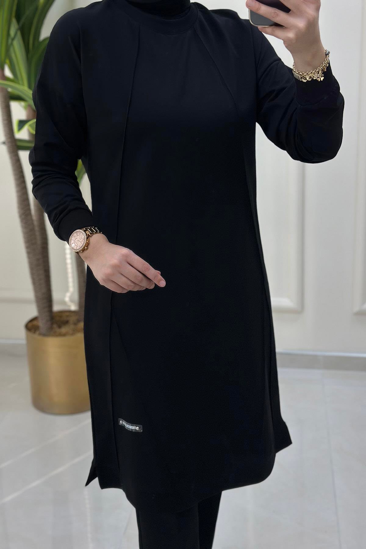Tesettür TunikDüşük Omuz Önü Nervürlü Ribanalı Kadın Tunik Siyah KADO 9236 