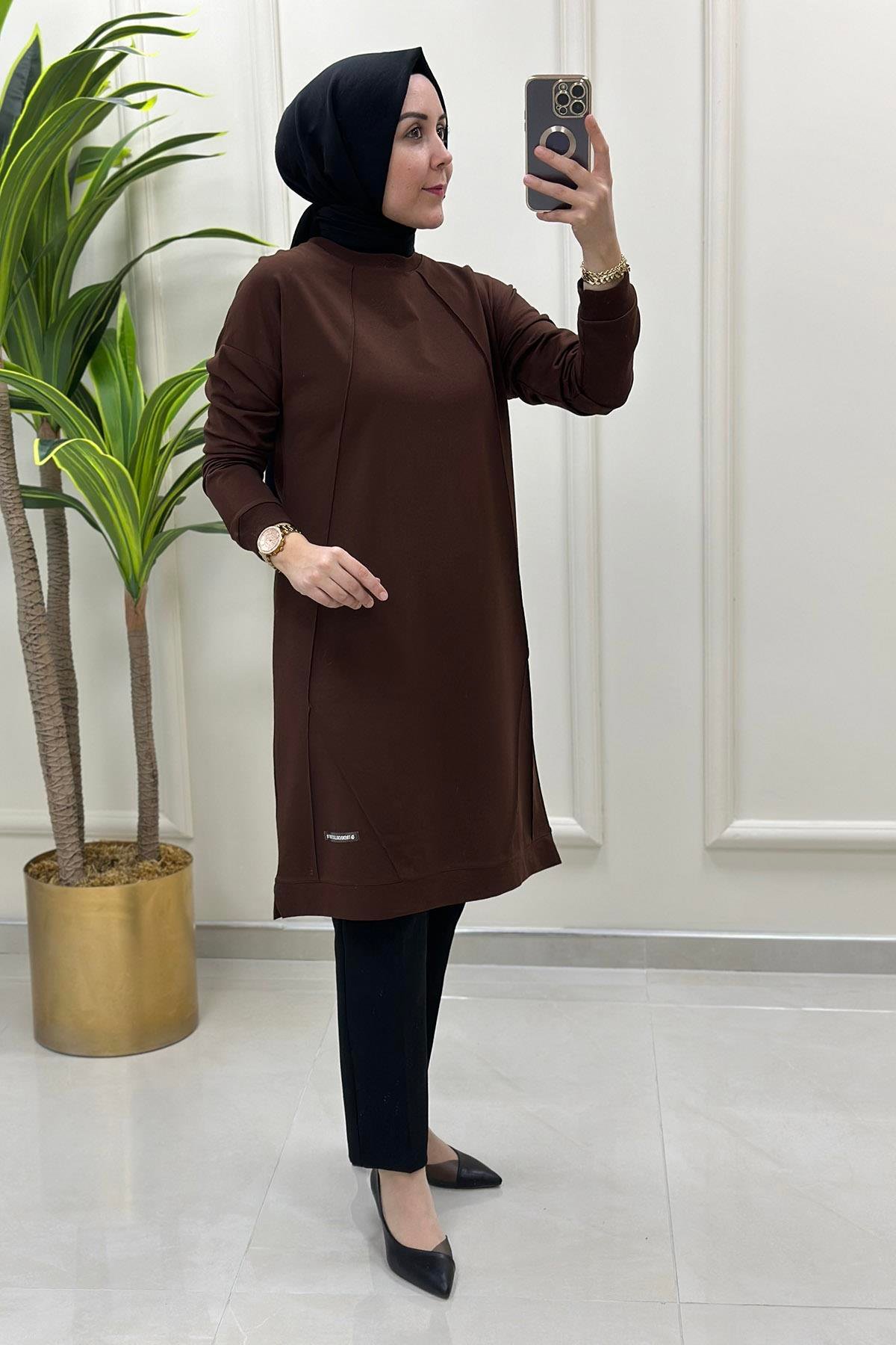 Tesettür TunikDüşük Omuz Önü Nervürlü Ribanalı Kadın Tunik Kahverengi KADO 9236 