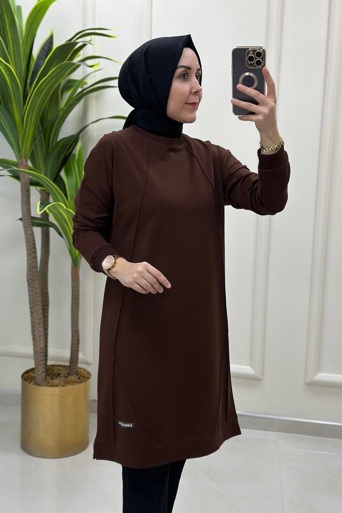 Tesettür TunikDüşük Omuz Önü Nervürlü Ribanalı Kadın Tunik Kahverengi KADO 9236 