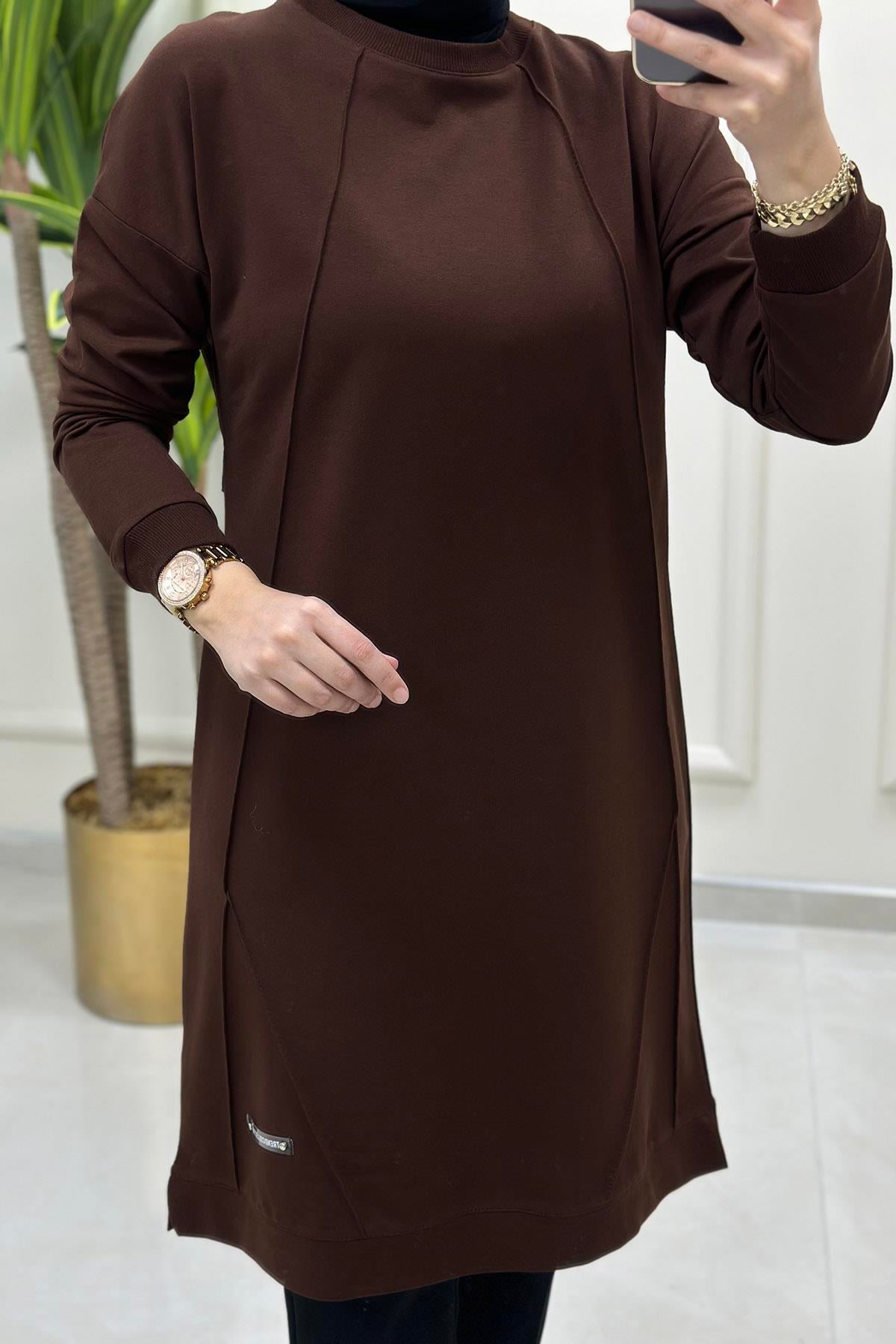 Tesettür TunikDüşük Omuz Önü Nervürlü Ribanalı Kadın Tunik Kahverengi KADO 9236 