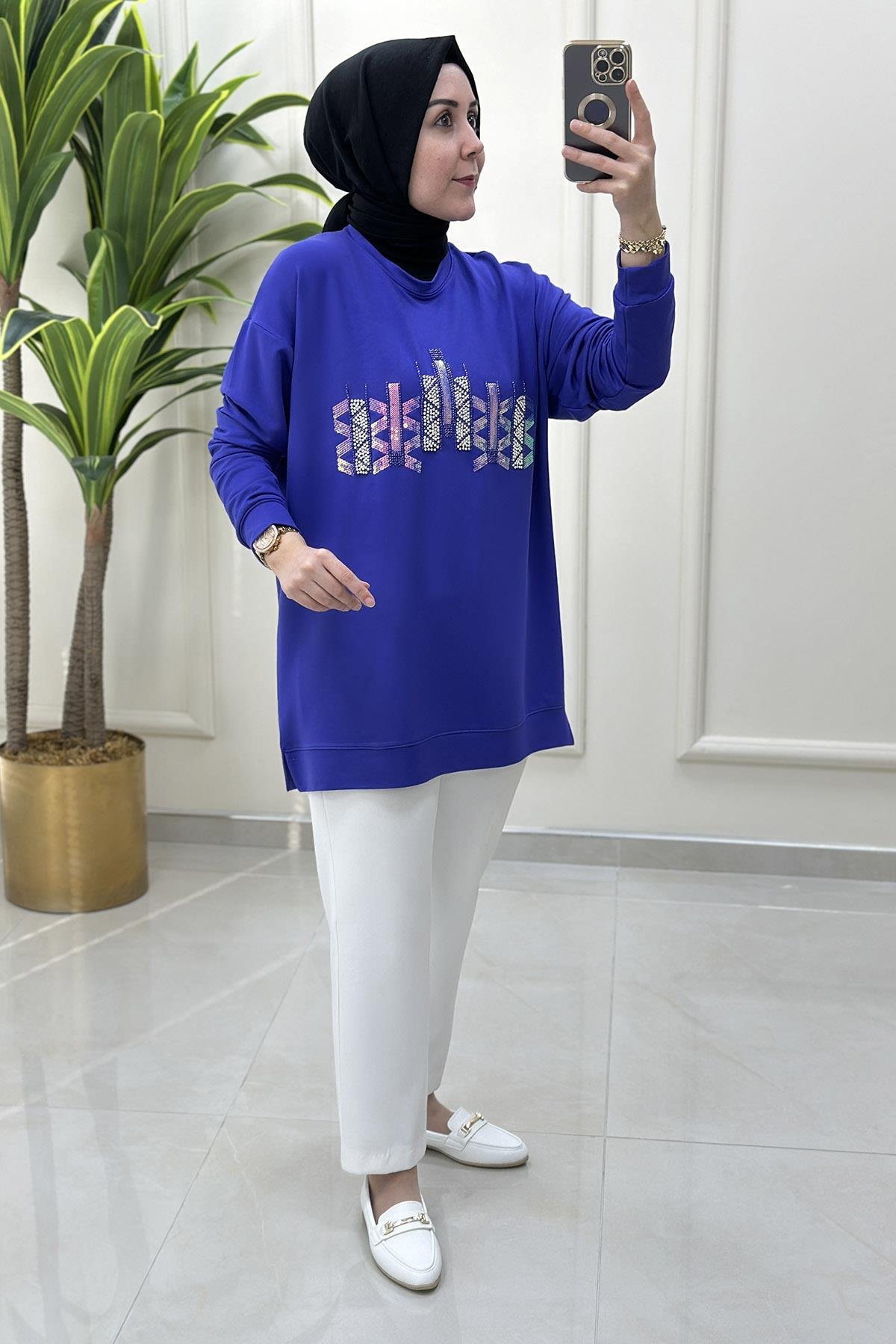 Tesettür TunikDüşük Omuz Önü Pulpayet ve Boncuk Detaylı Kadın Tunik Mor KADO 251806