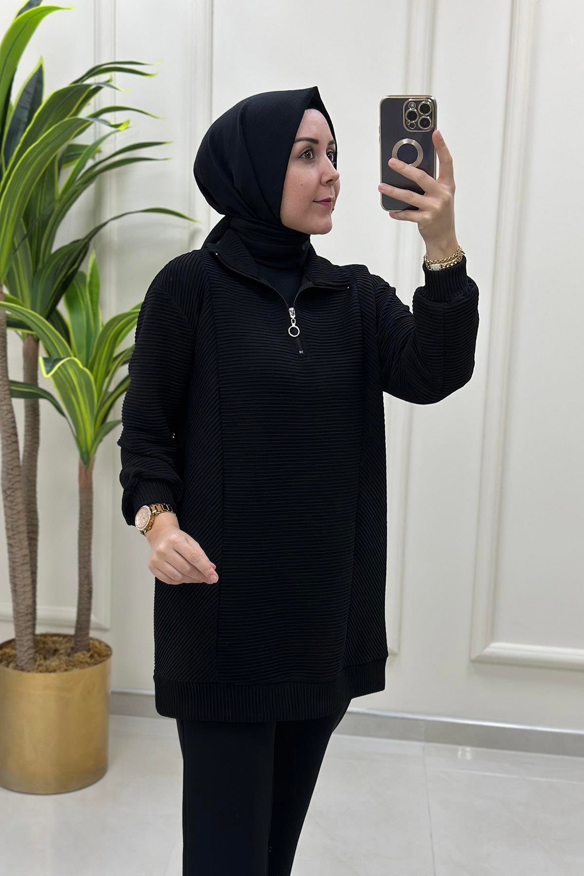 Tesettür TunikDüşük Omuz Önü Yarım Fermuarlı Fitilli Kadın Tunik Siyah MSE 3119 