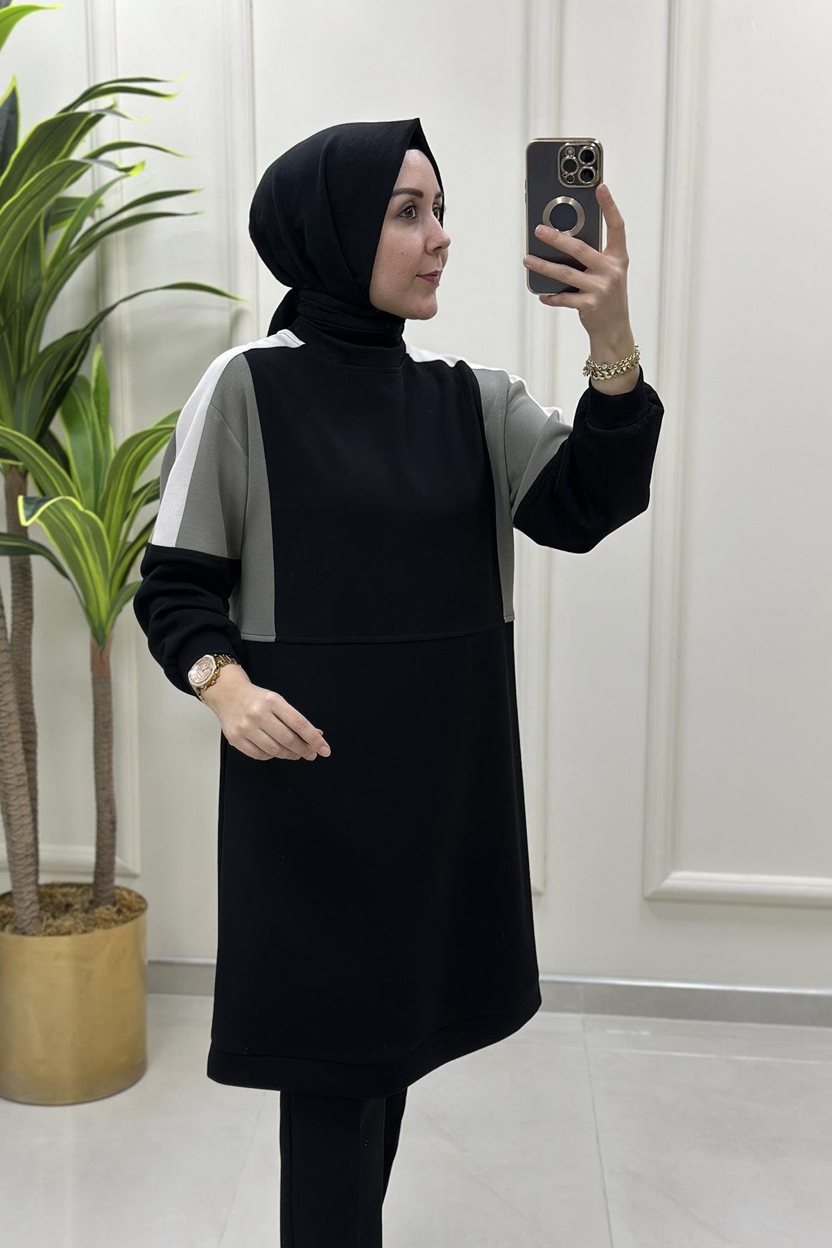 Tesettür TunikDüşük Omuz Renk Garnili Kadın Tunik Çağla Yeşili ALS 5037