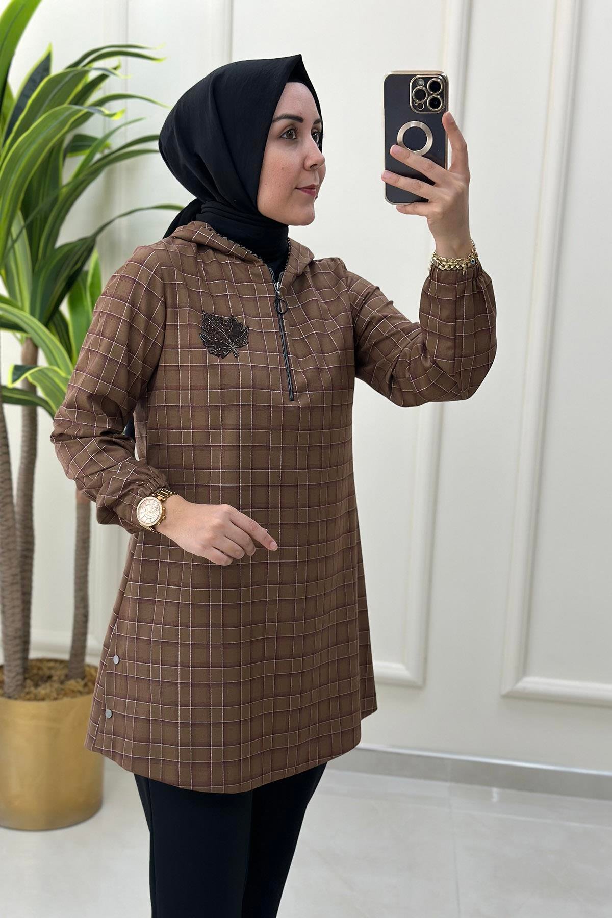 Tesettür TunikEkose Desen Çınar Yapraklı Kadın Tunik Taba CNR 1823