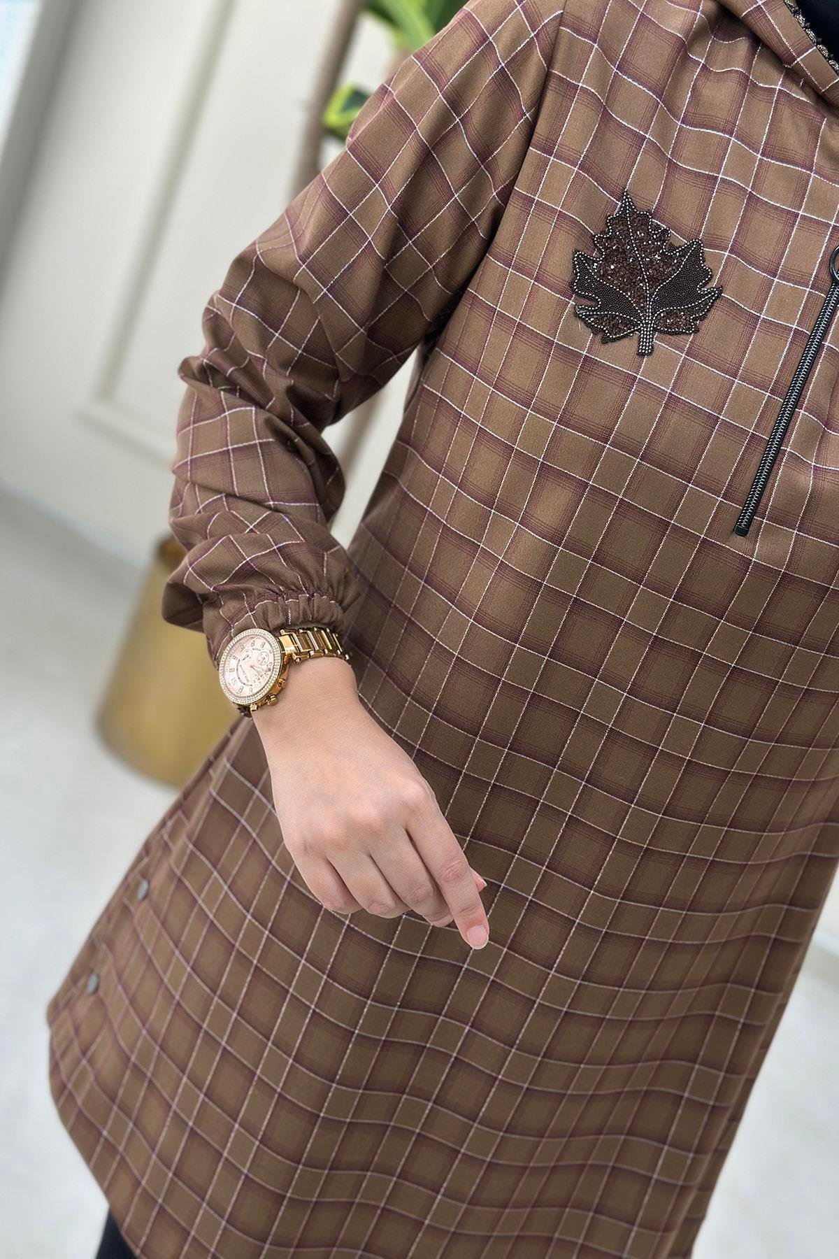 Tesettür TunikEkose Desen Çınar Yapraklı Kadın Tunik Taba CNR 1823