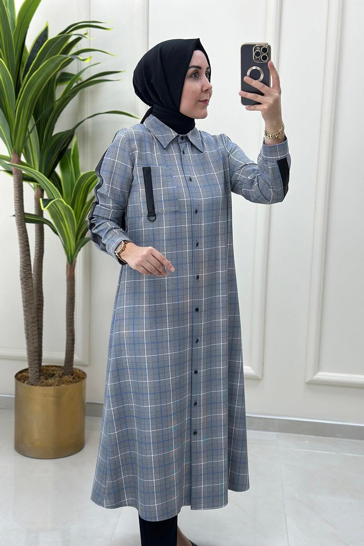 Tesettür TunikEkose Desen Deri Kombinli Beli Kemerli Kadın Tunik Mavi CNR 1851