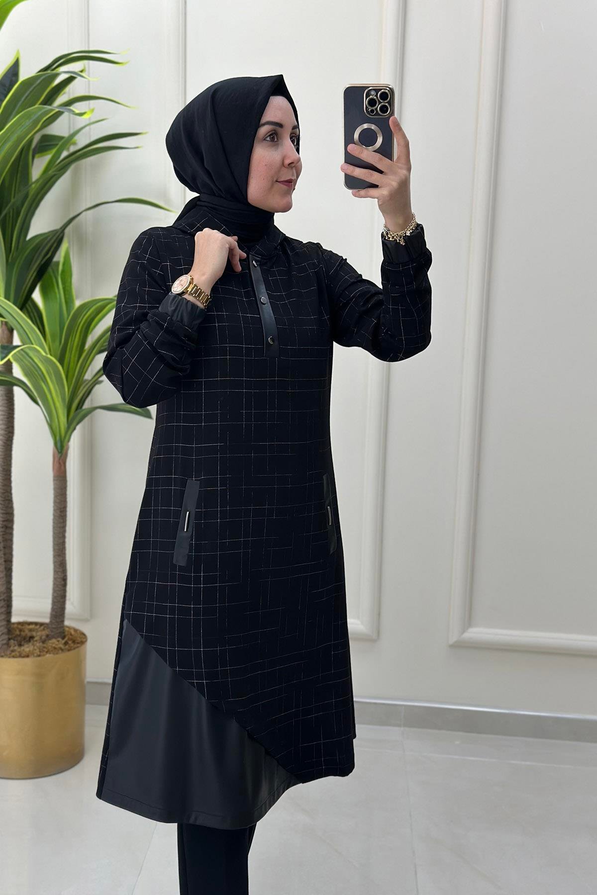 Tesettür TunikEkose Desen Deri Kombinli Kadın Tunik Siyah CNR 1855