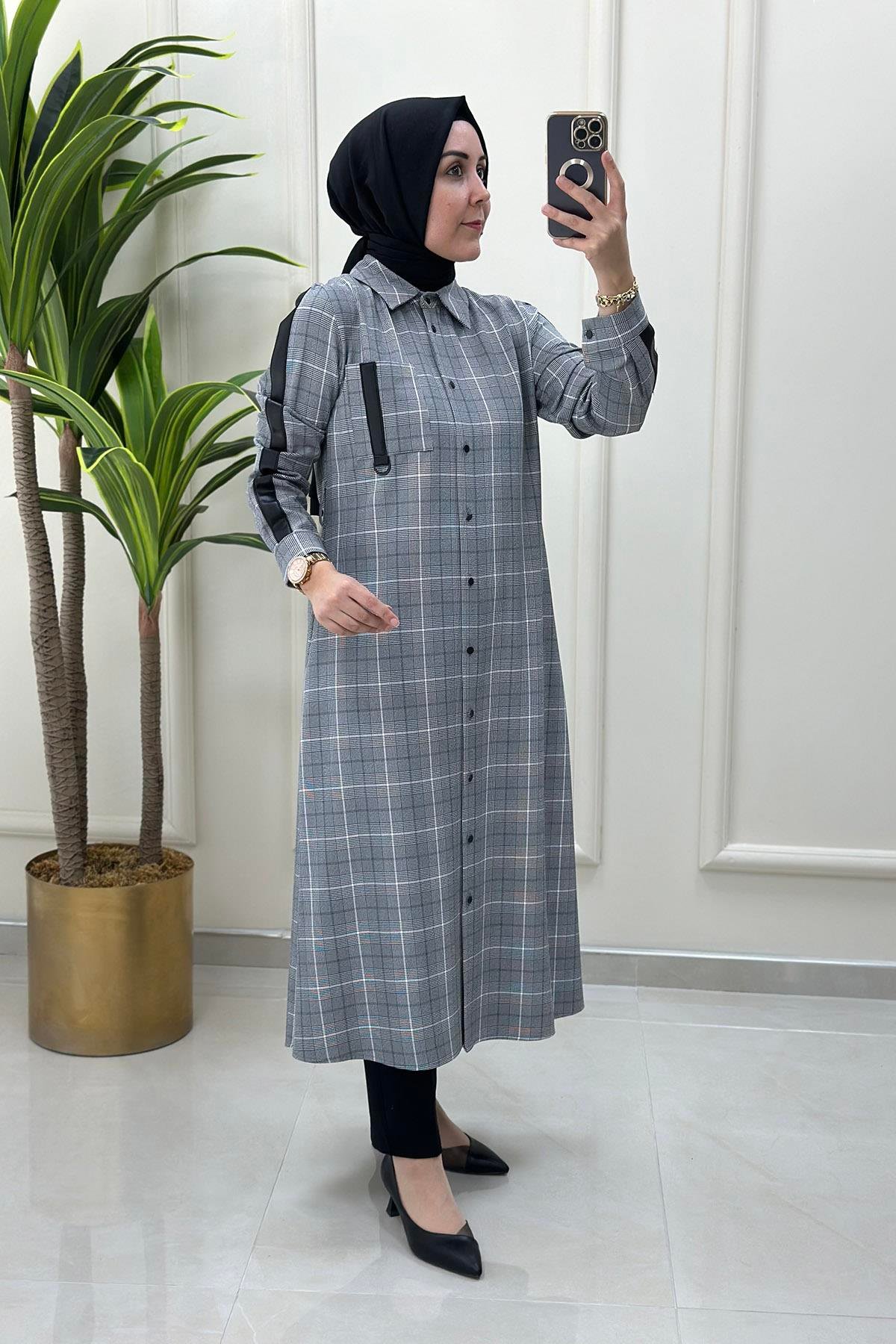 Tesettür TunikEkose Desen Deri Kombinli Beli Kemerli Kadın Tunik Siyah CNR 1851