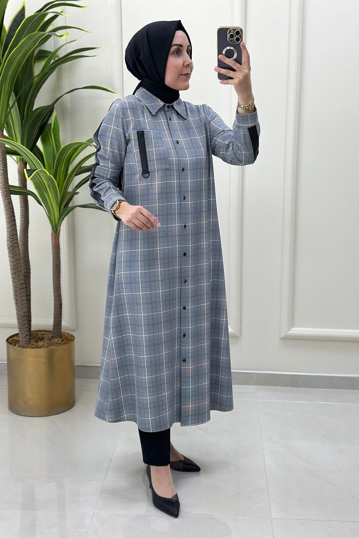 Tesettür TunikEkose Desen Deri Kombinli Beli Kemerli Kadın Tunik Mavi CNR 1851