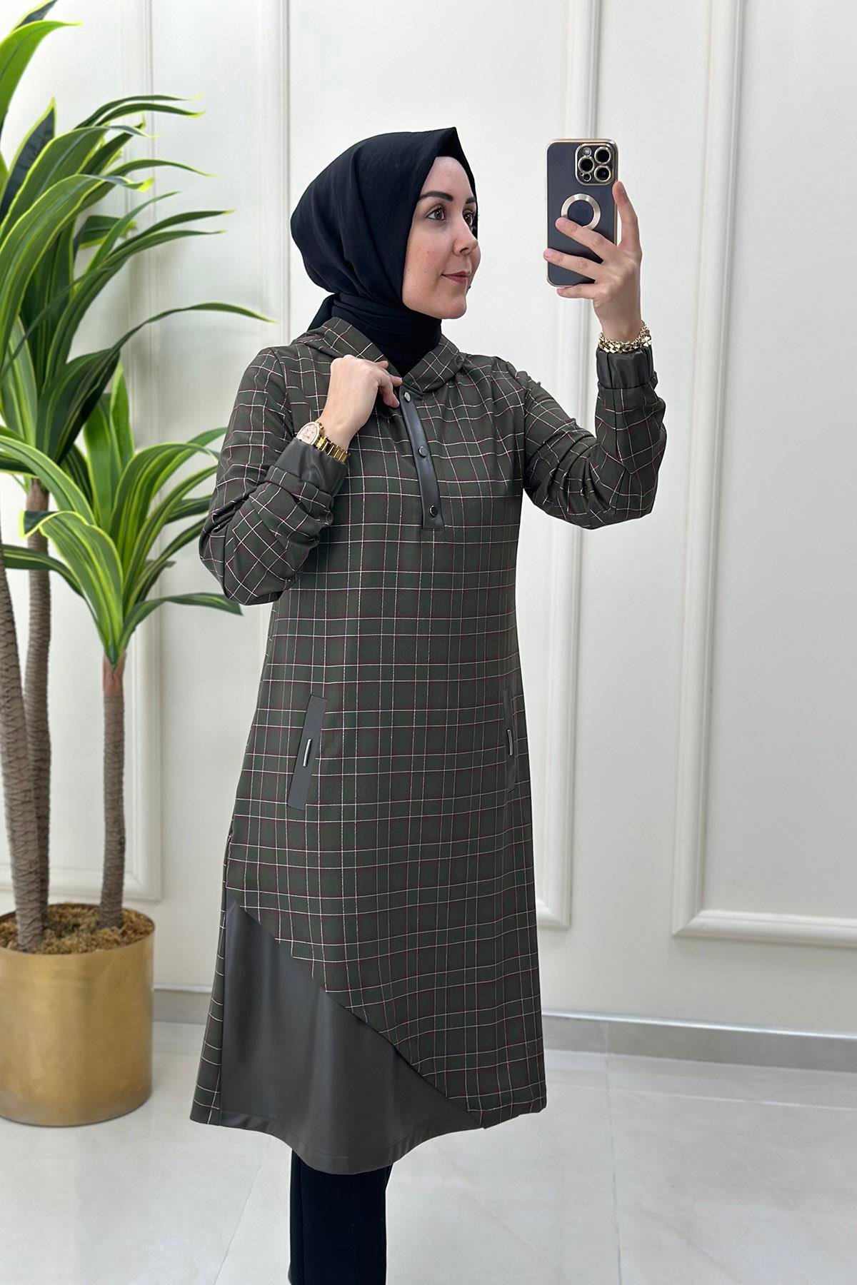 Tesettür TunikEkose Desen Deri Kombinli Kadın Tunik Haki CNR 1855