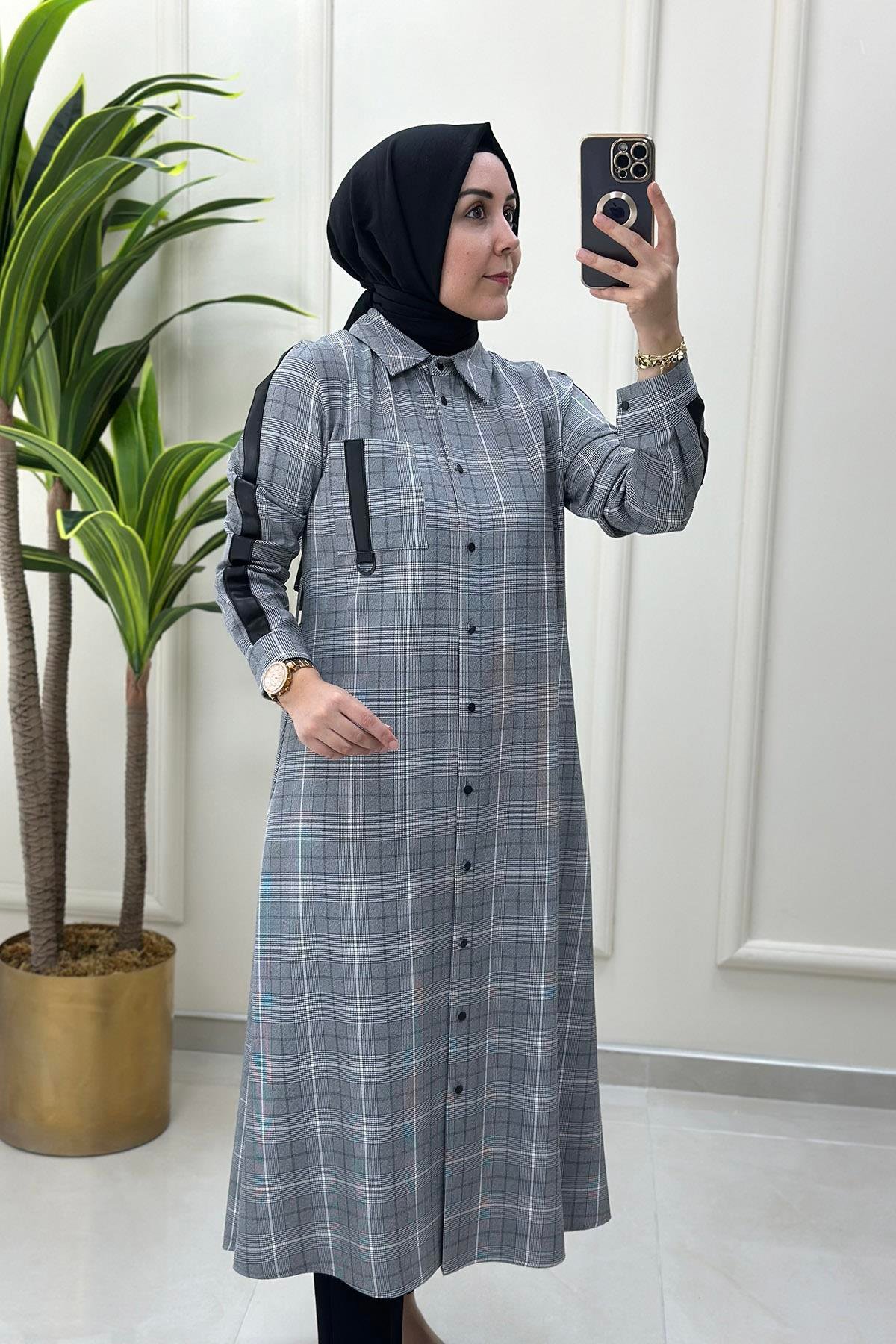 Tesettür TunikEkose Desen Deri Kombinli Beli Kemerli Kadın Tunik Siyah CNR 1851