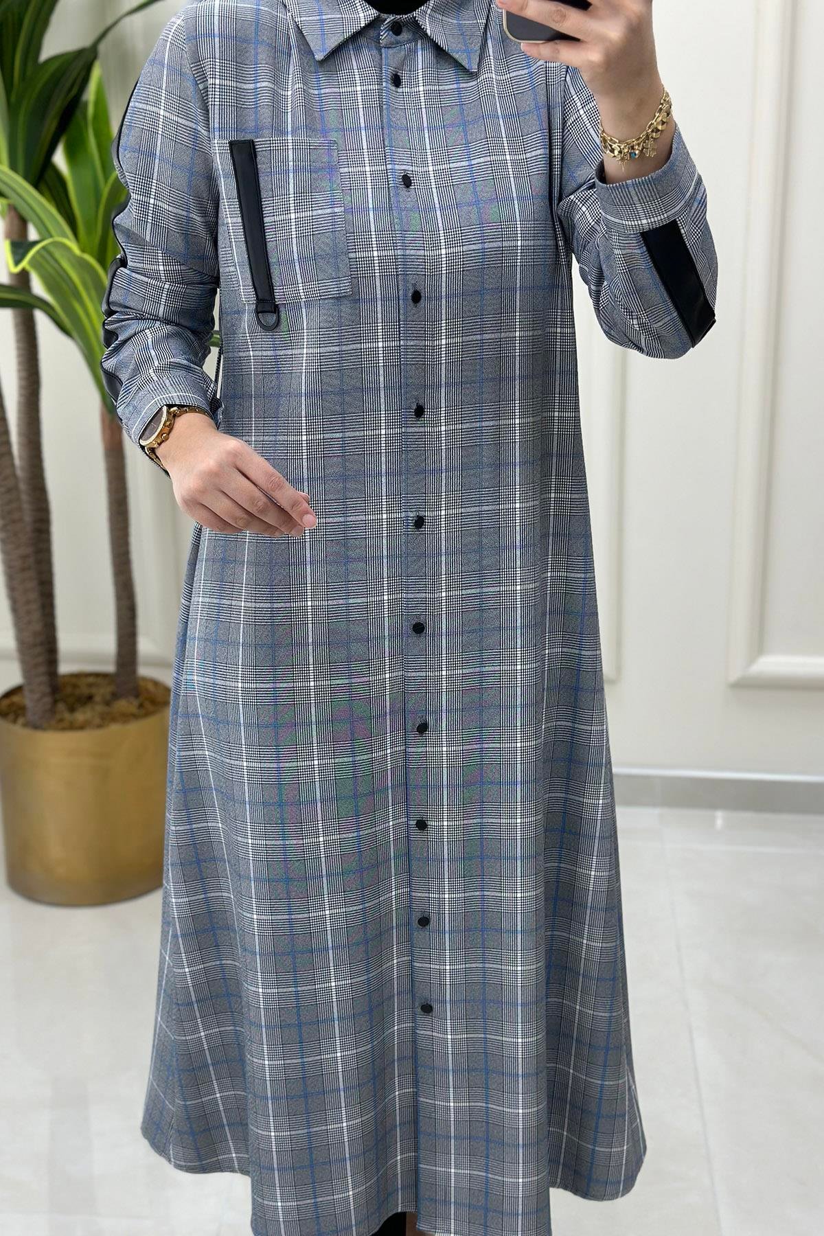 Tesettür TunikEkose Desen Deri Kombinli Beli Kemerli Kadın Tunik Mavi CNR 1851