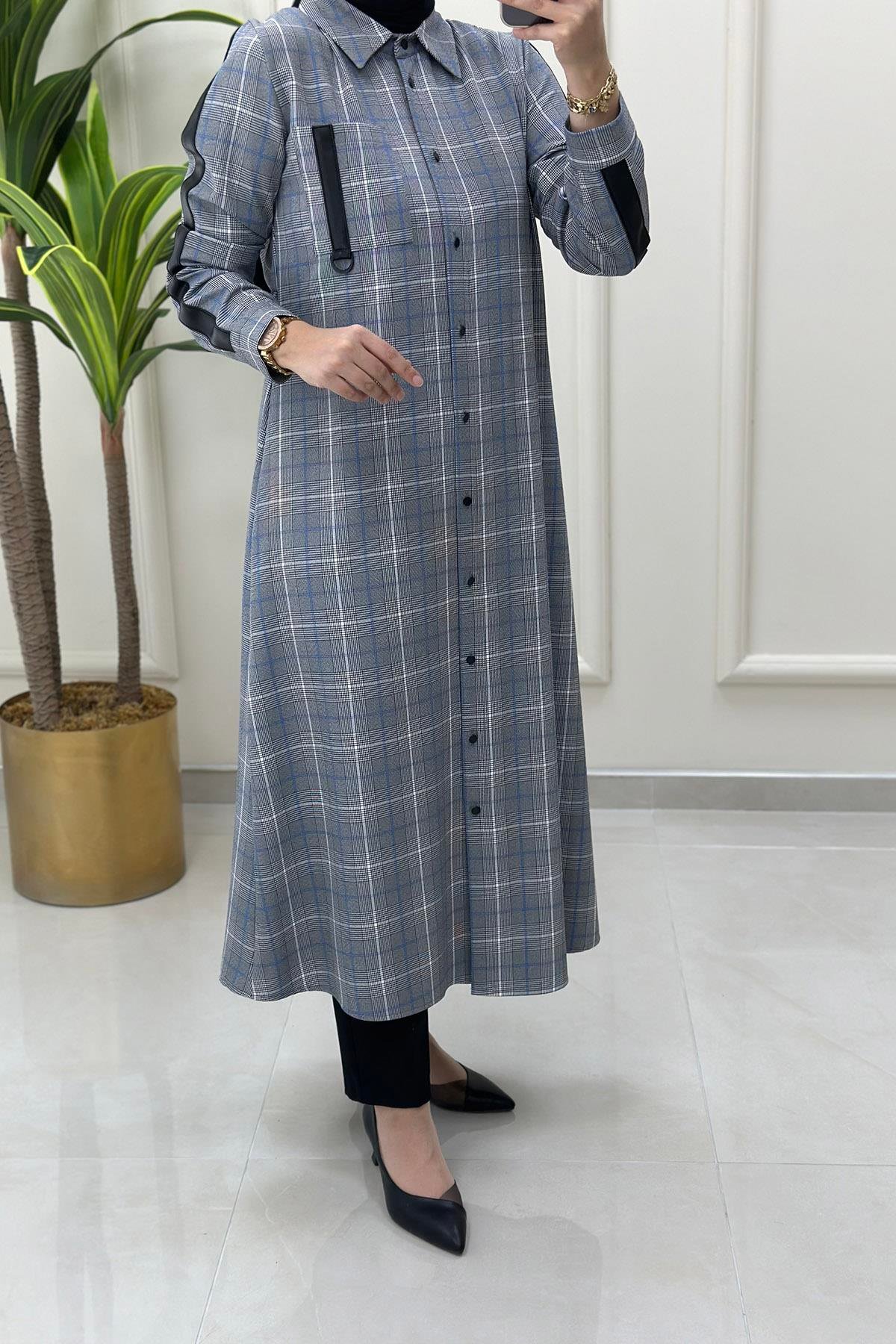 Tesettür TunikEkose Desen Deri Kombinli Beli Kemerli Kadın Tunik Mavi CNR 1851