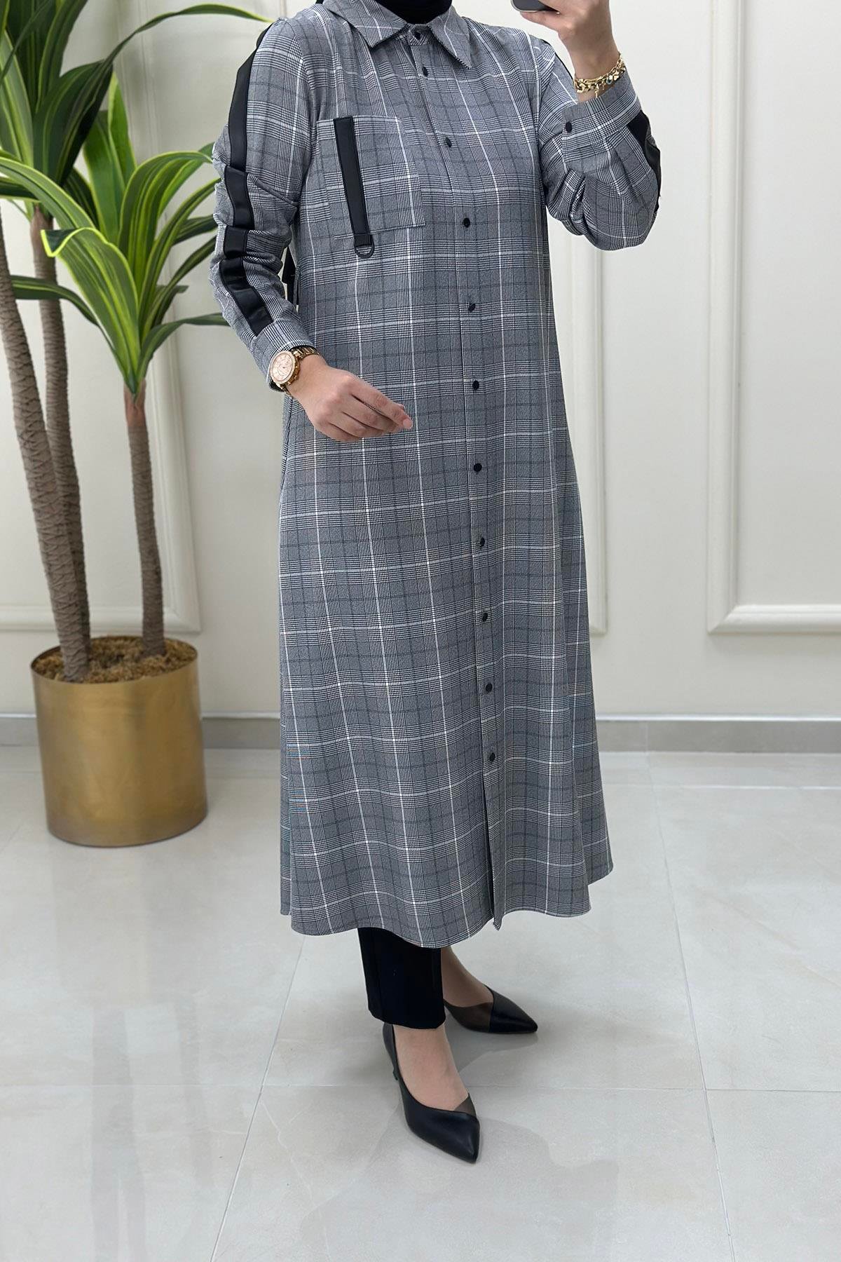 Tesettür TunikEkose Desen Deri Kombinli Beli Kemerli Kadın Tunik Siyah CNR 1851
