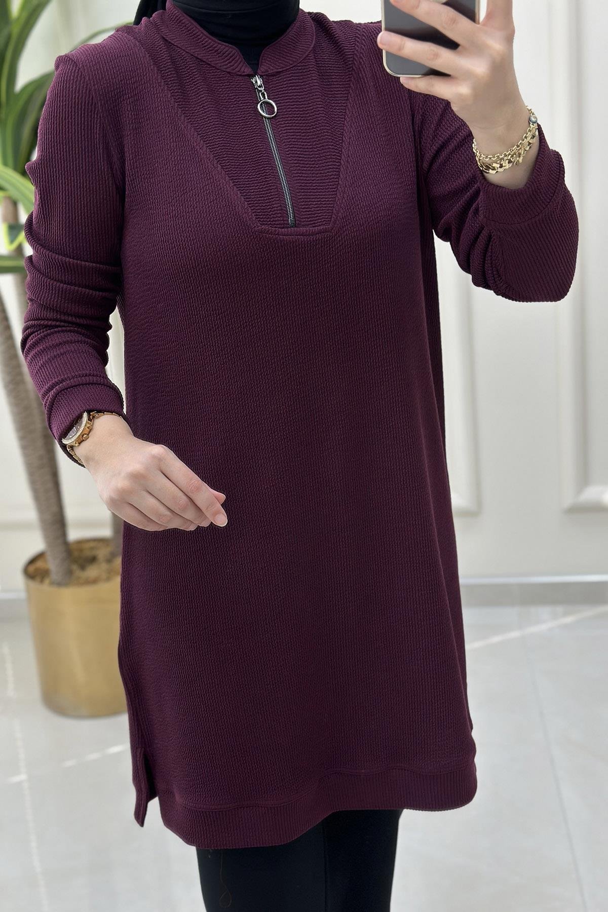 Tesettür TunikHakim Yaka Fermuar Detaylı Fitilli Kadın Örme Tunik Mürdüm KADO 9690