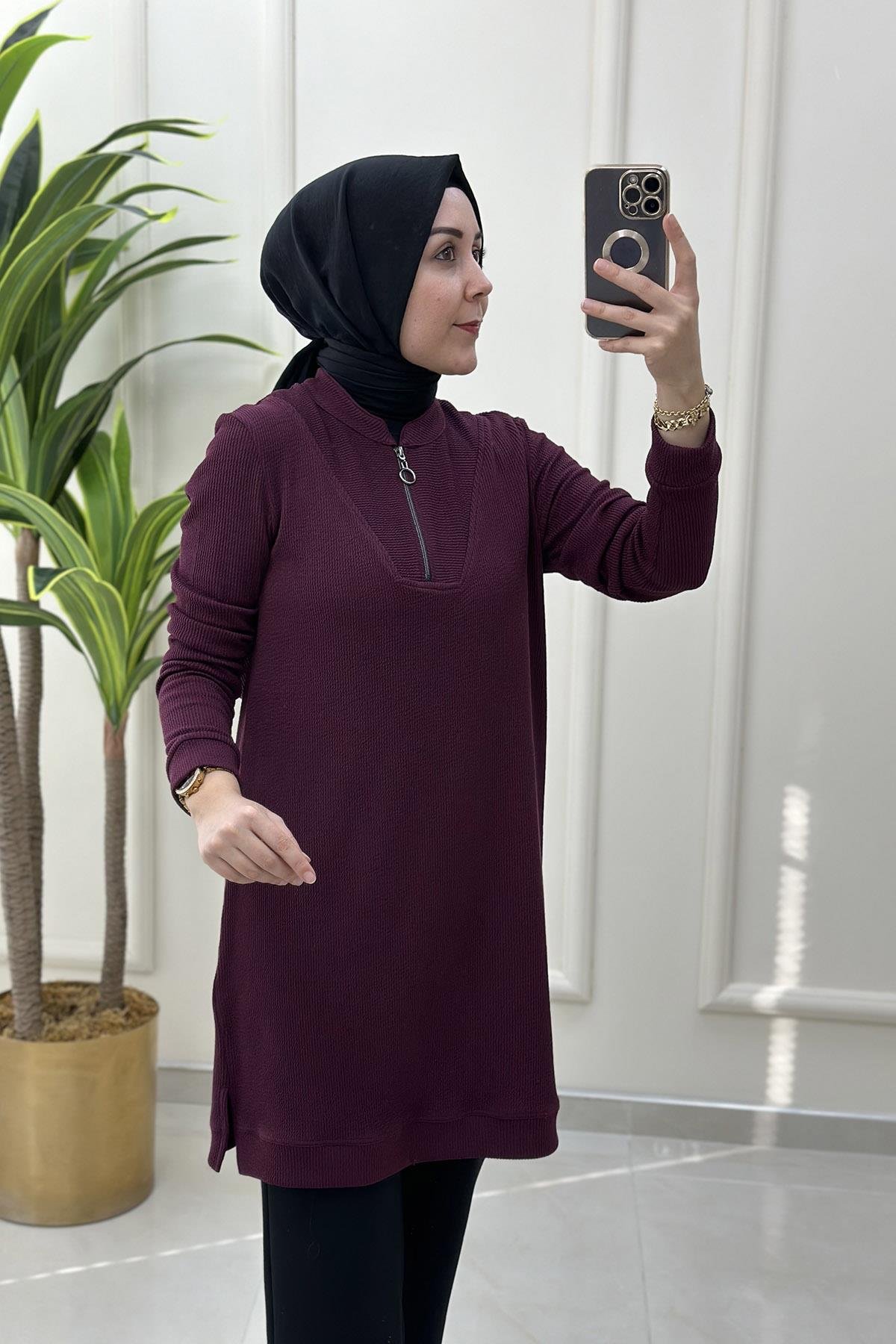 Tesettür TunikHakim Yaka Fermuar Detaylı Fitilli Kadın Örme Tunik Mürdüm KADO 9690