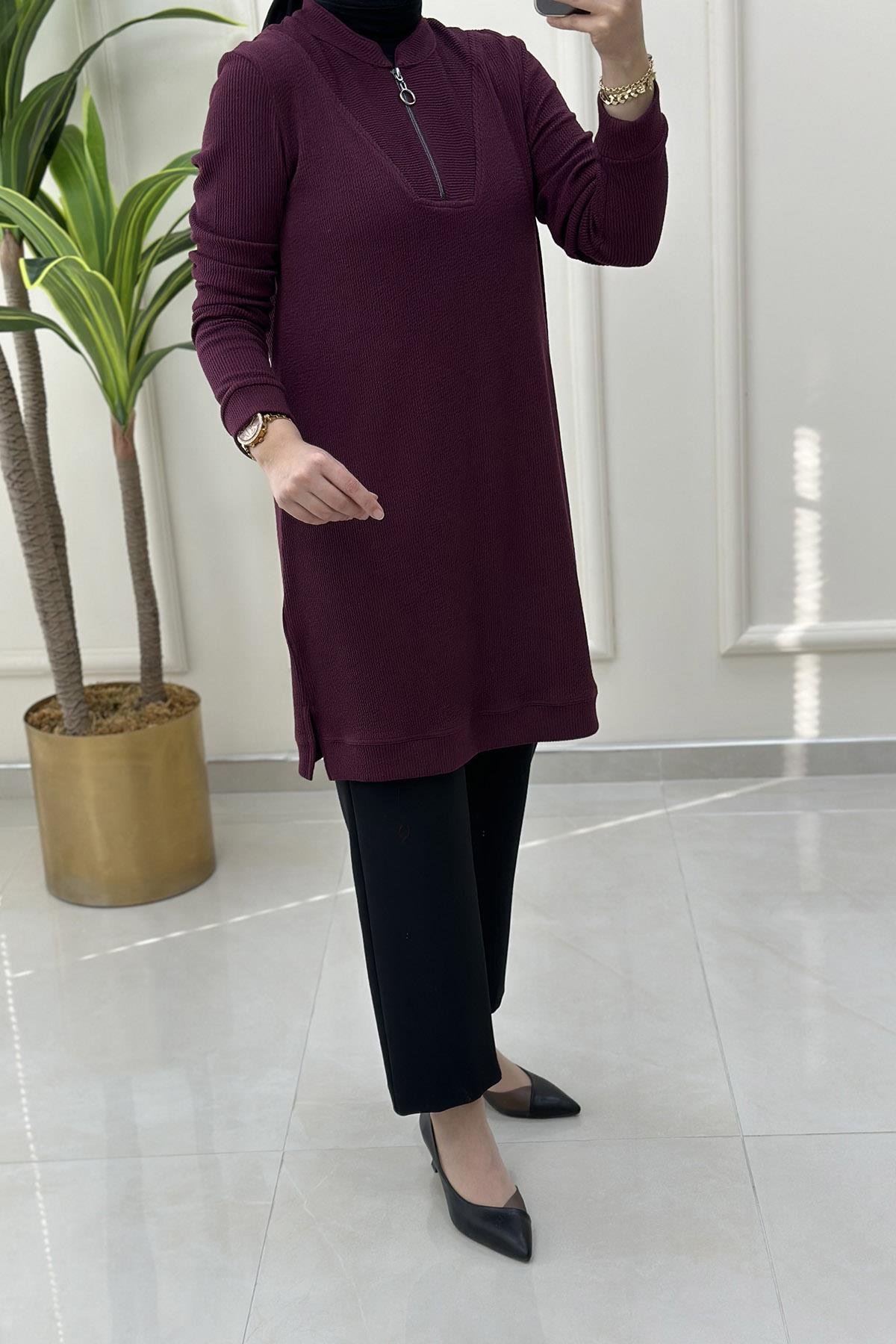 Tesettür TunikHakim Yaka Fermuar Detaylı Fitilli Kadın Örme Tunik Mürdüm KADO 9690