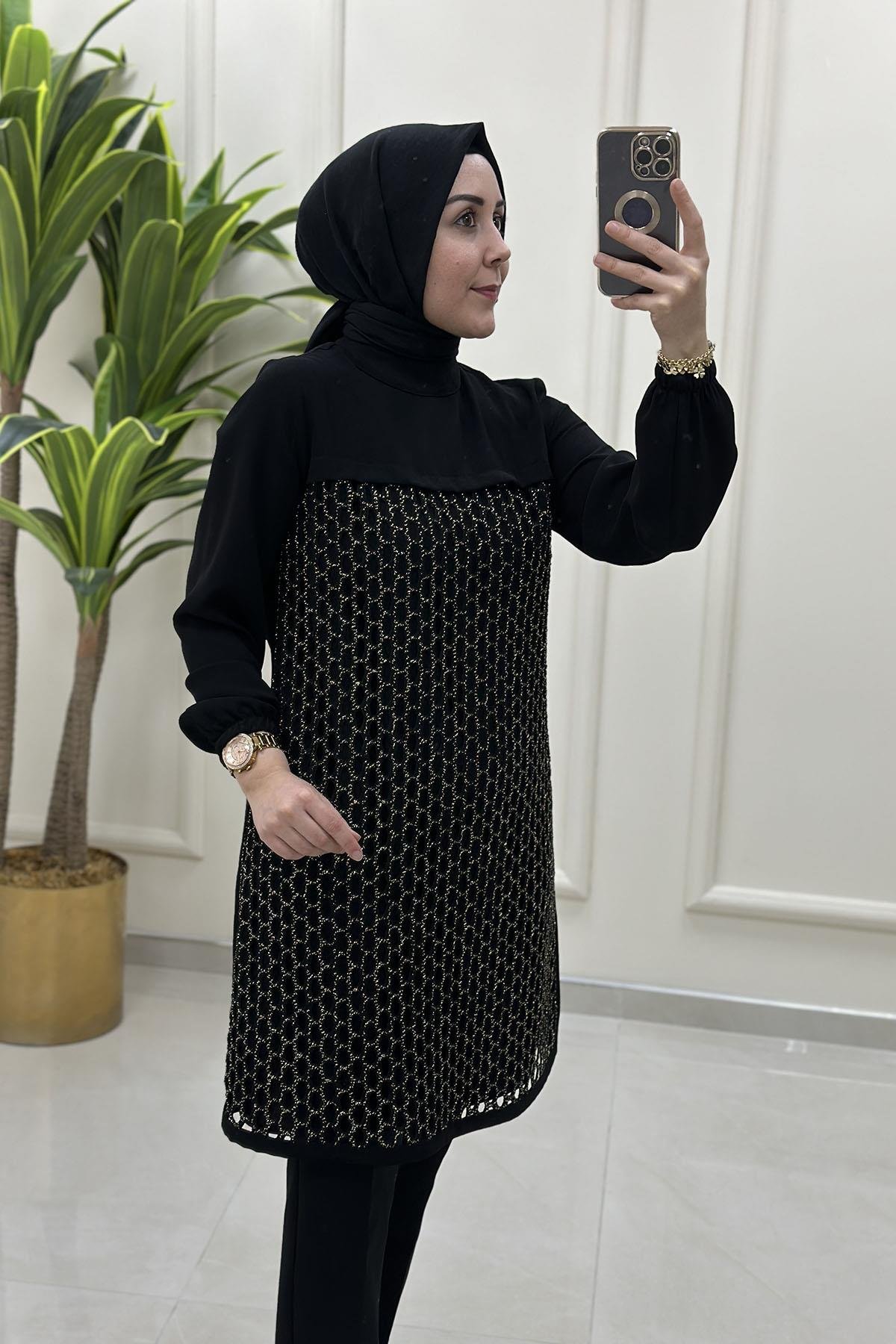 Tesettür TunikHakim Yaka Önü Sim İp Petekli Kadın Tunik Siyah HYA 1551