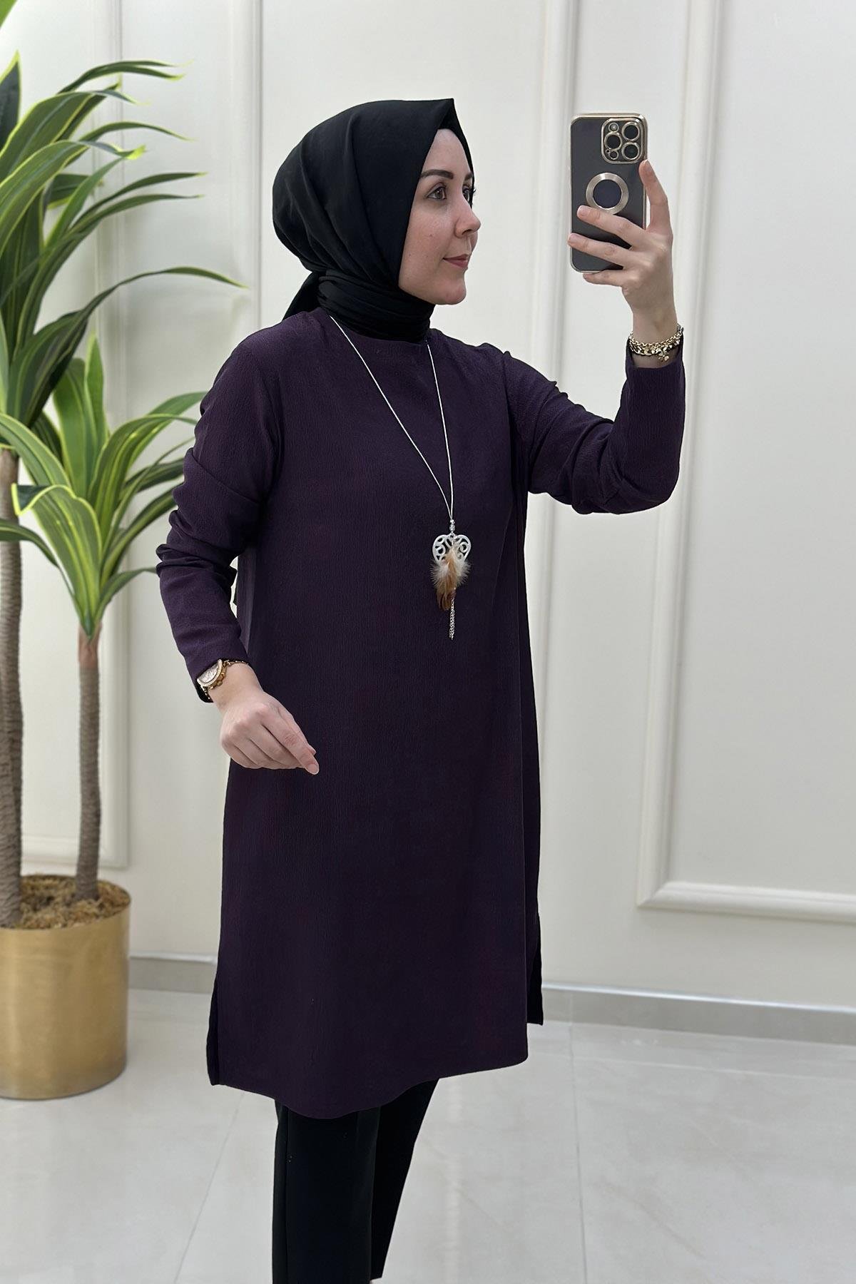Tesettür TunikKendinden Fitilli Kolyeli Kadın Tunik Mor KADO 9709