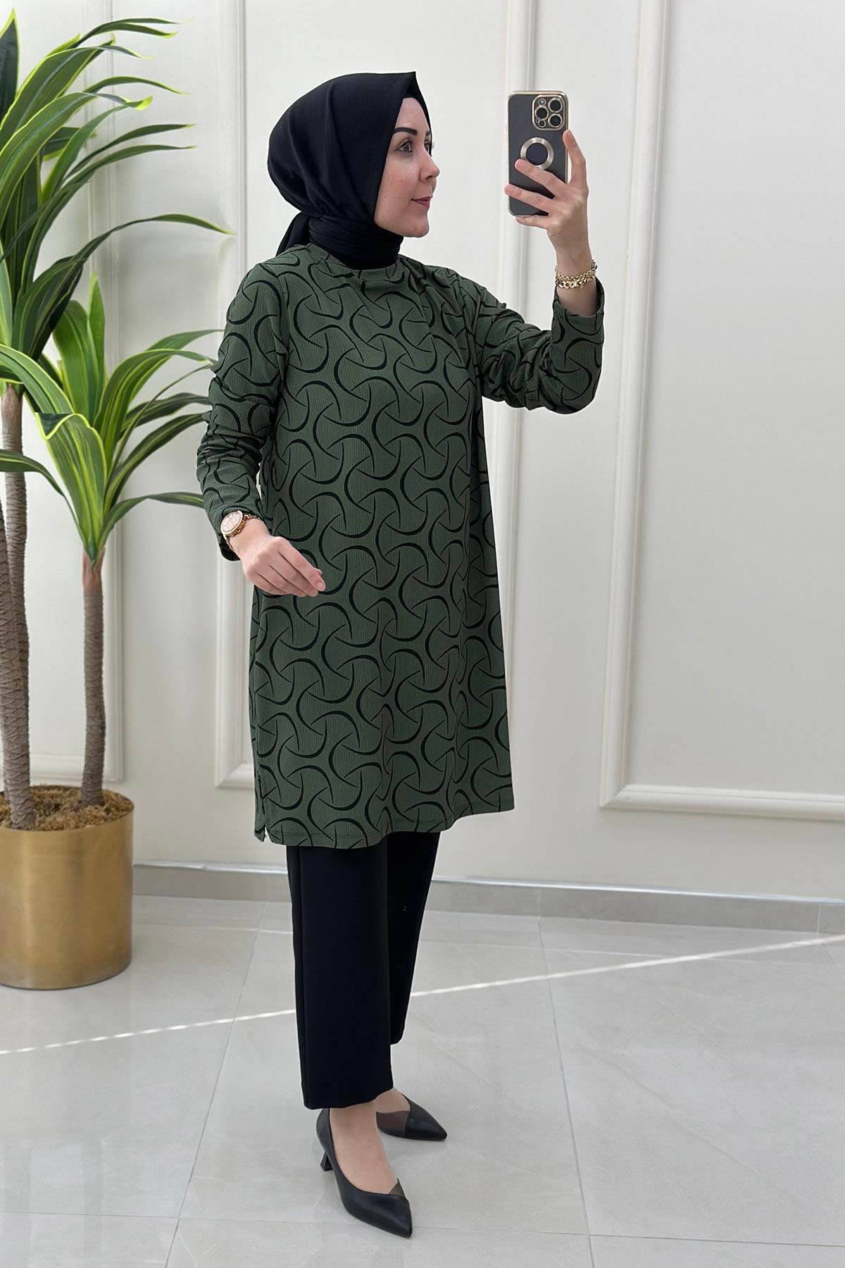 Tesettür TunikKendinen Desenli Kadın Tunik Çağla Yeşili KADO 9380