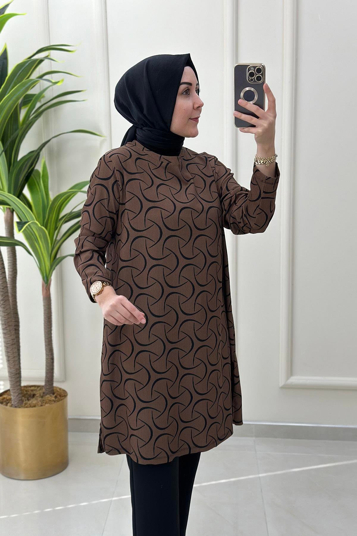 Tesettür TunikKendinen Desenli Kadın Tunik Kahverengi KADO 9380