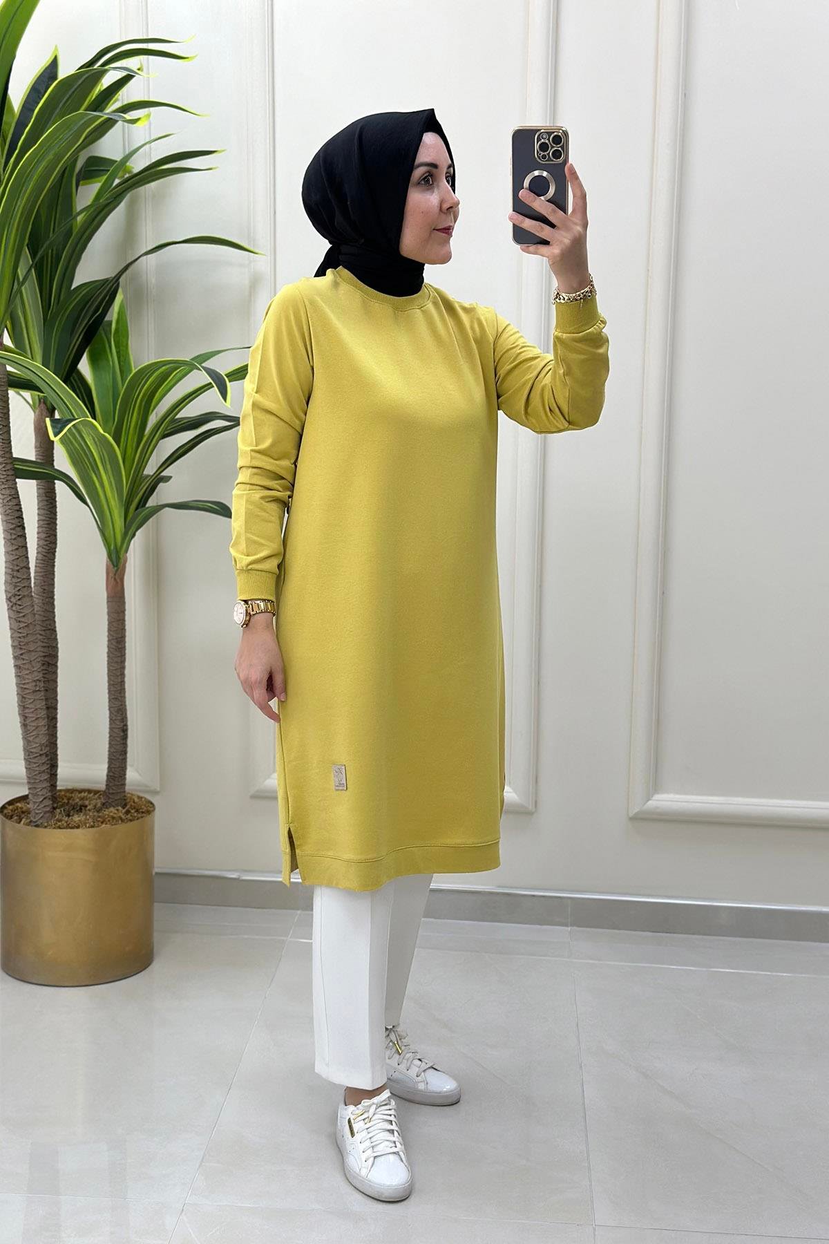Tesettür TunikKol Ve Etek Ucu Ribanalı Spor Kadın Tunik Asit Yeşili KADO 7194