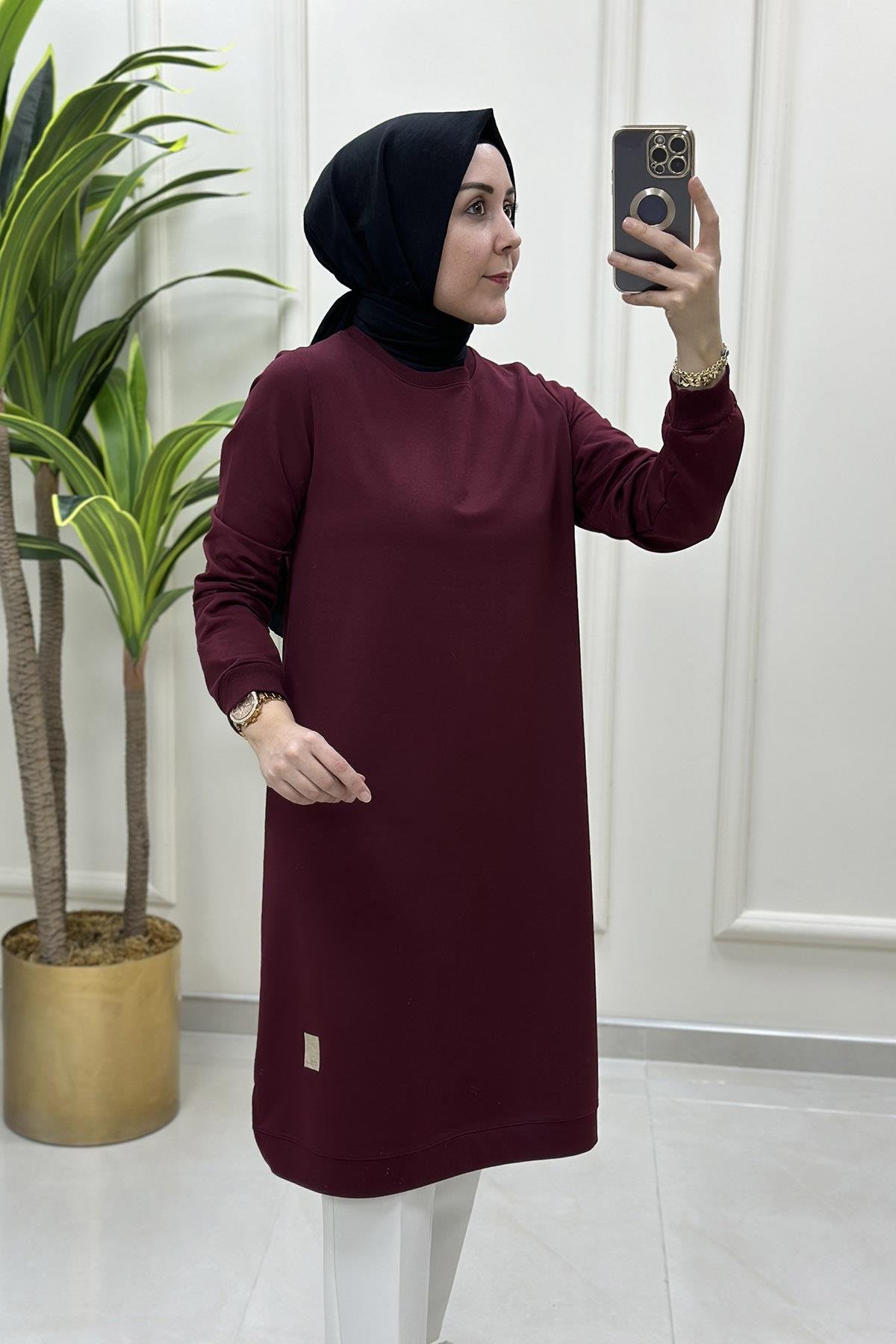 Tesettür TunikKol Ve Etek Ucu Ribanalı Spor Kadın Tunik Bordo KADO 7194