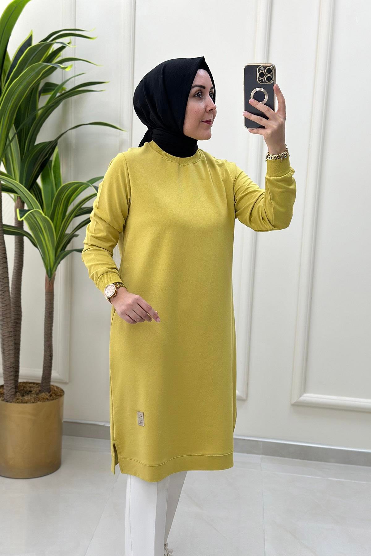 Tesettür TunikKol Ve Etek Ucu Ribanalı Spor Kadın Tunik Asit Yeşili KADO 7194