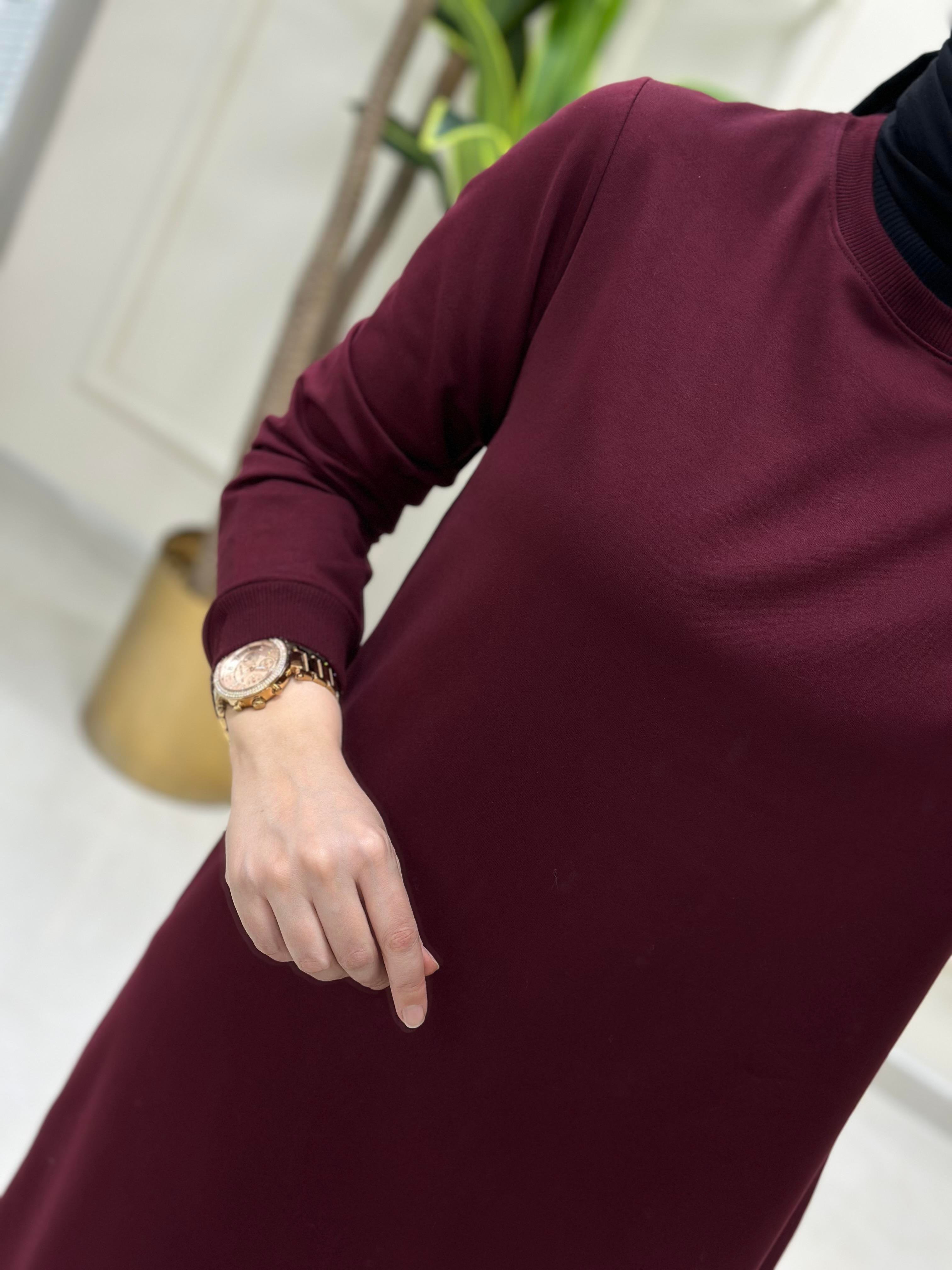 Tesettür TunikKol Ve Etek Ucu Ribanalı Spor Kadın Tunik Bordo KADO 7194