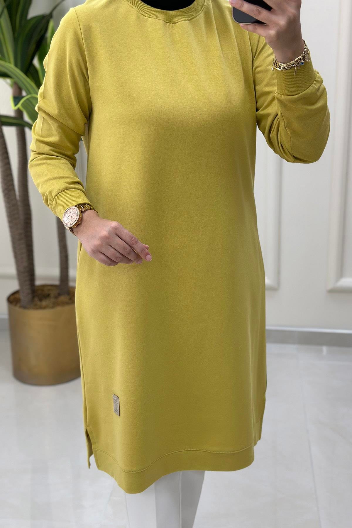 Tesettür TunikKol Ve Etek Ucu Ribanalı Spor Kadın Tunik Asit Yeşili KADO 7194