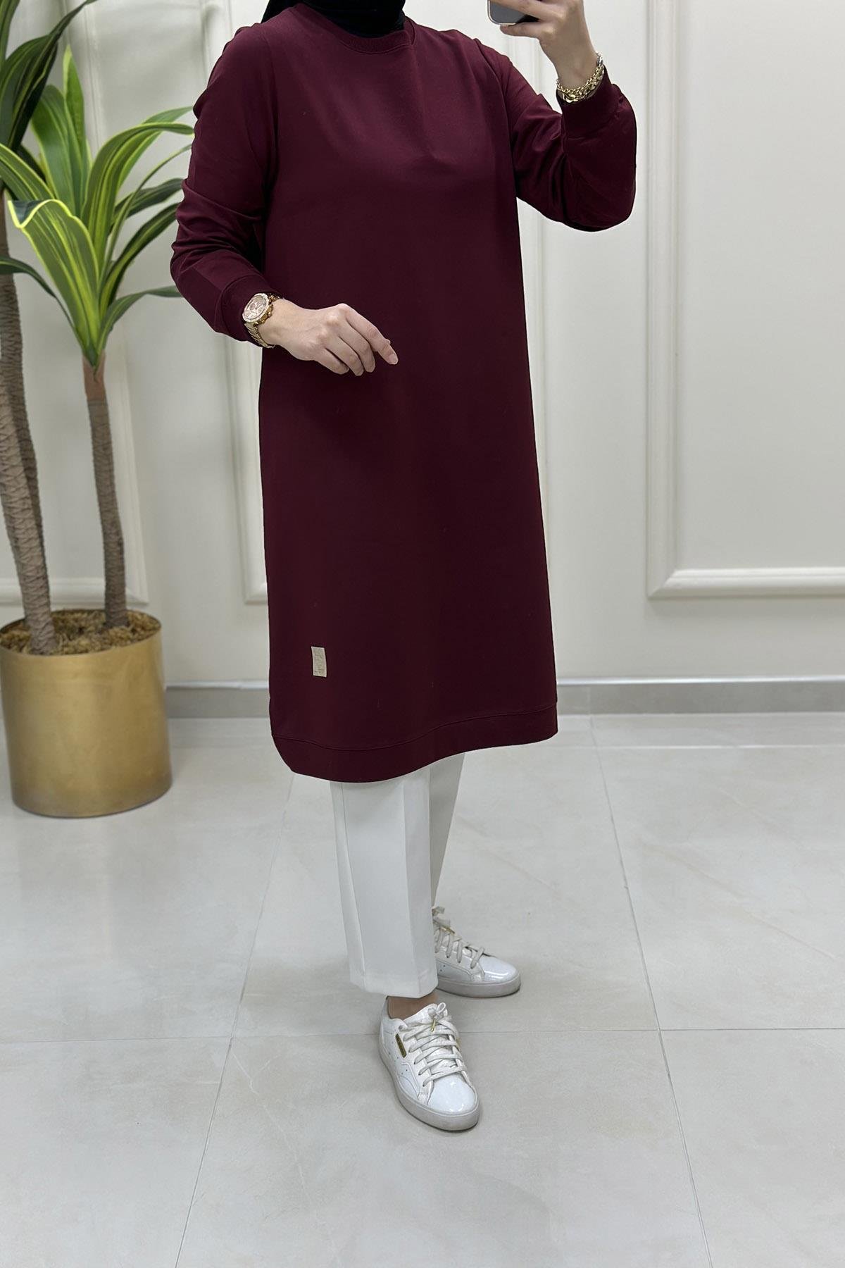 Tesettür TunikKol Ve Etek Ucu Ribanalı Spor Kadın Tunik Bordo KADO 7194
