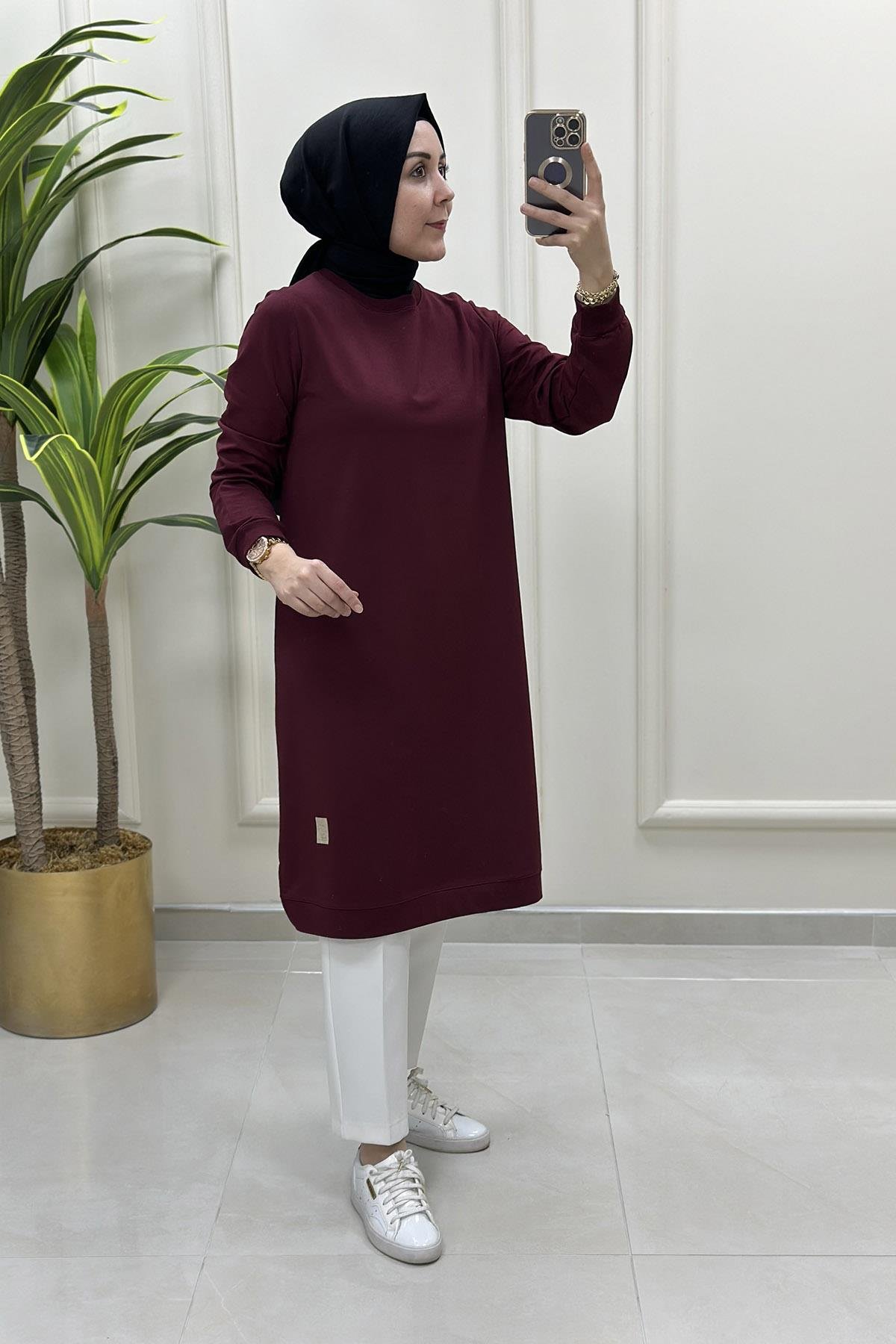 Tesettür TunikKol Ve Etek Ucu Ribanalı Spor Kadın Tunik Bordo KADO 7194