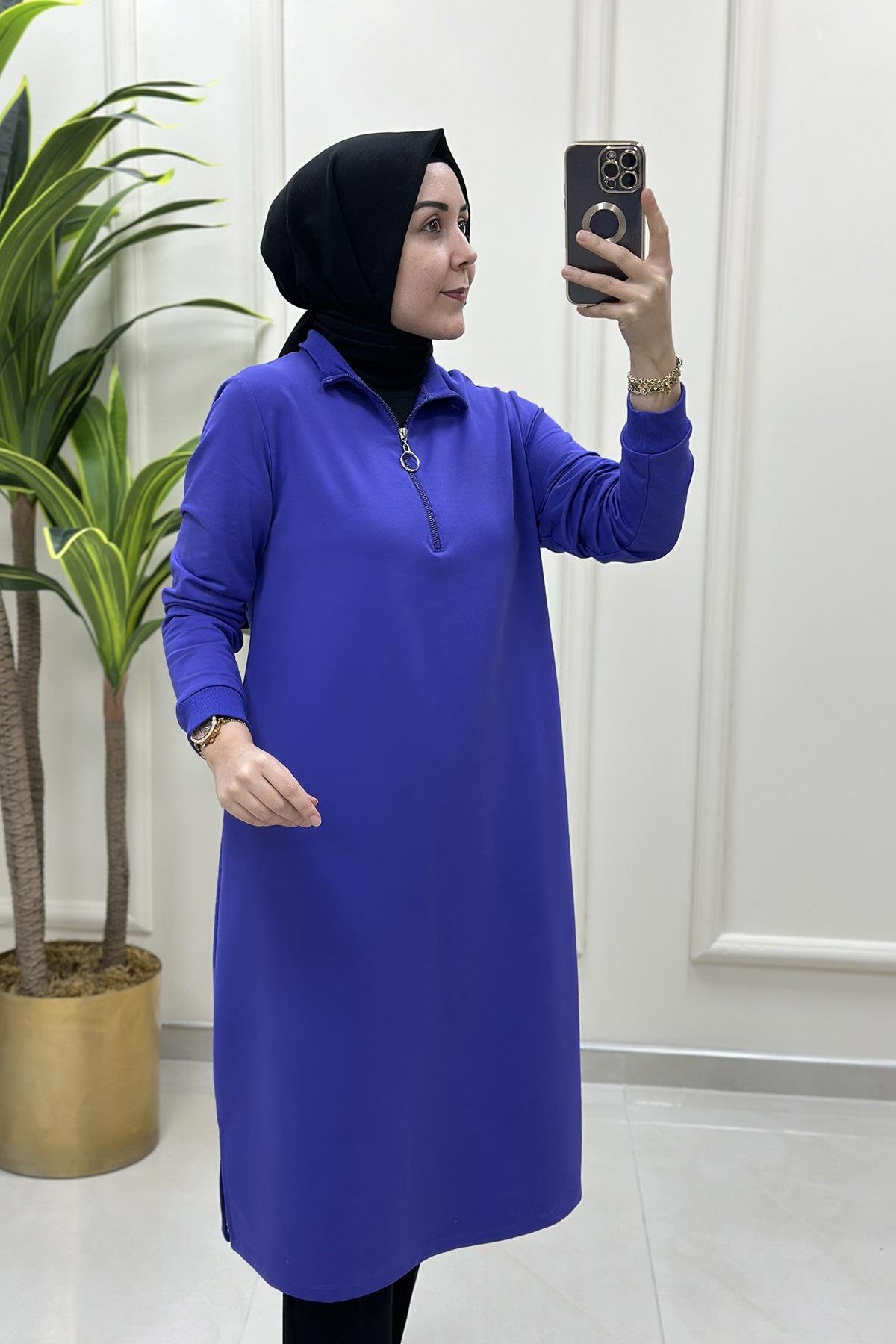 Tesettür TunikKol ve Yaka Ribanalı Önü Yarım Fermuarlı Kadın Tunik Mor KADO 7568