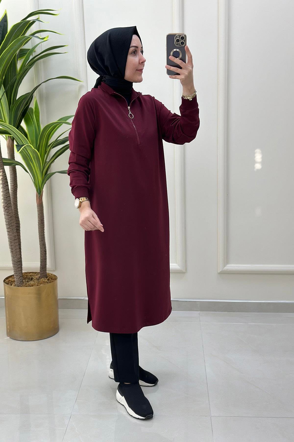 Tesettür TunikKol ve Yaka Ribanalı Önü Yarım Fermuarlı Kadın Tunik Bordo KADO 7568