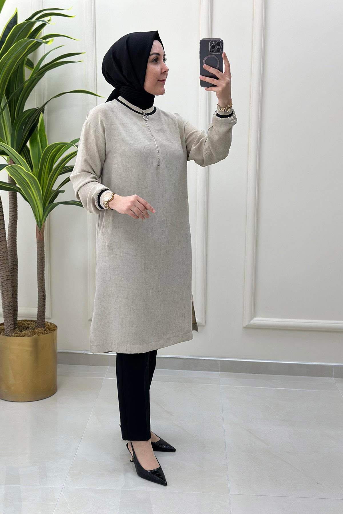 Tesettür TunikKolu ve Yakası Ribanalı Kadın Tunik Bej ALS 4894