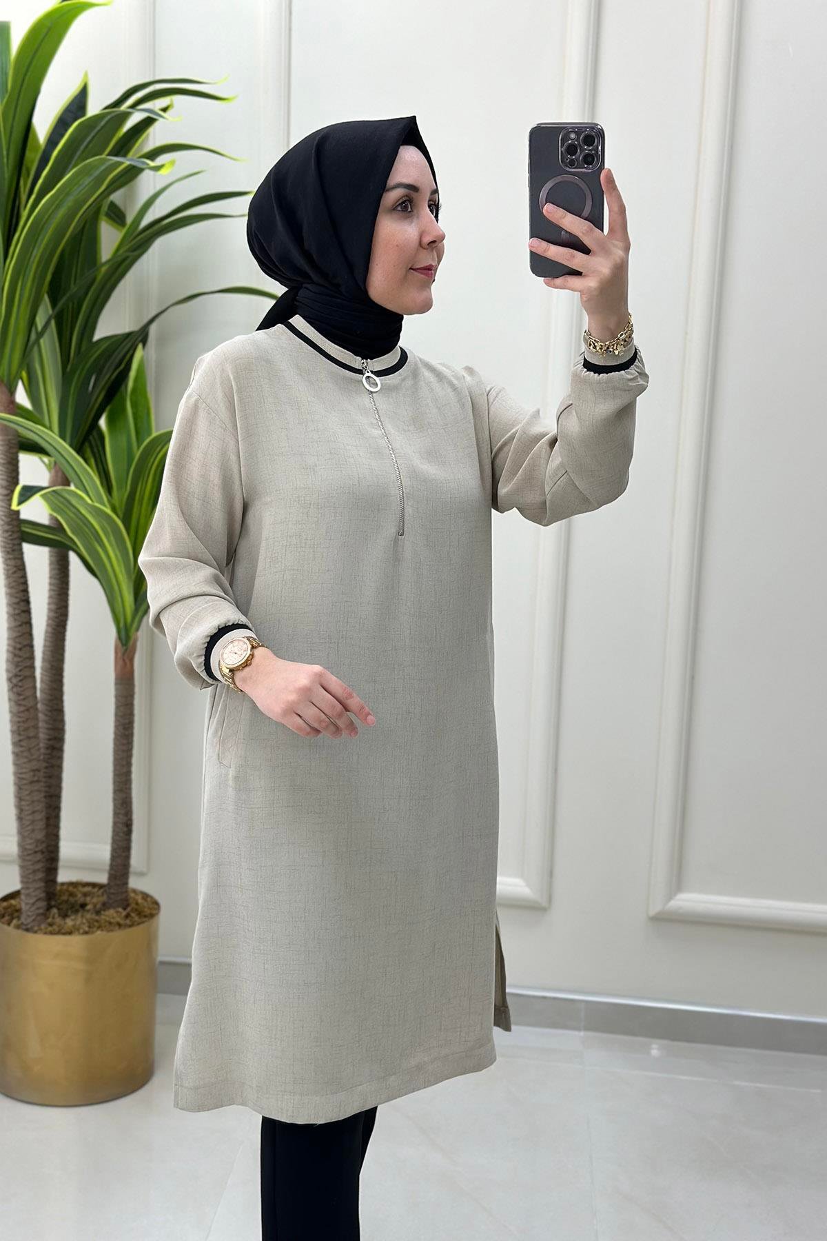 Tesettür TunikKolu ve Yakası Ribanalı Kadın Tunik Bej ALS 4894