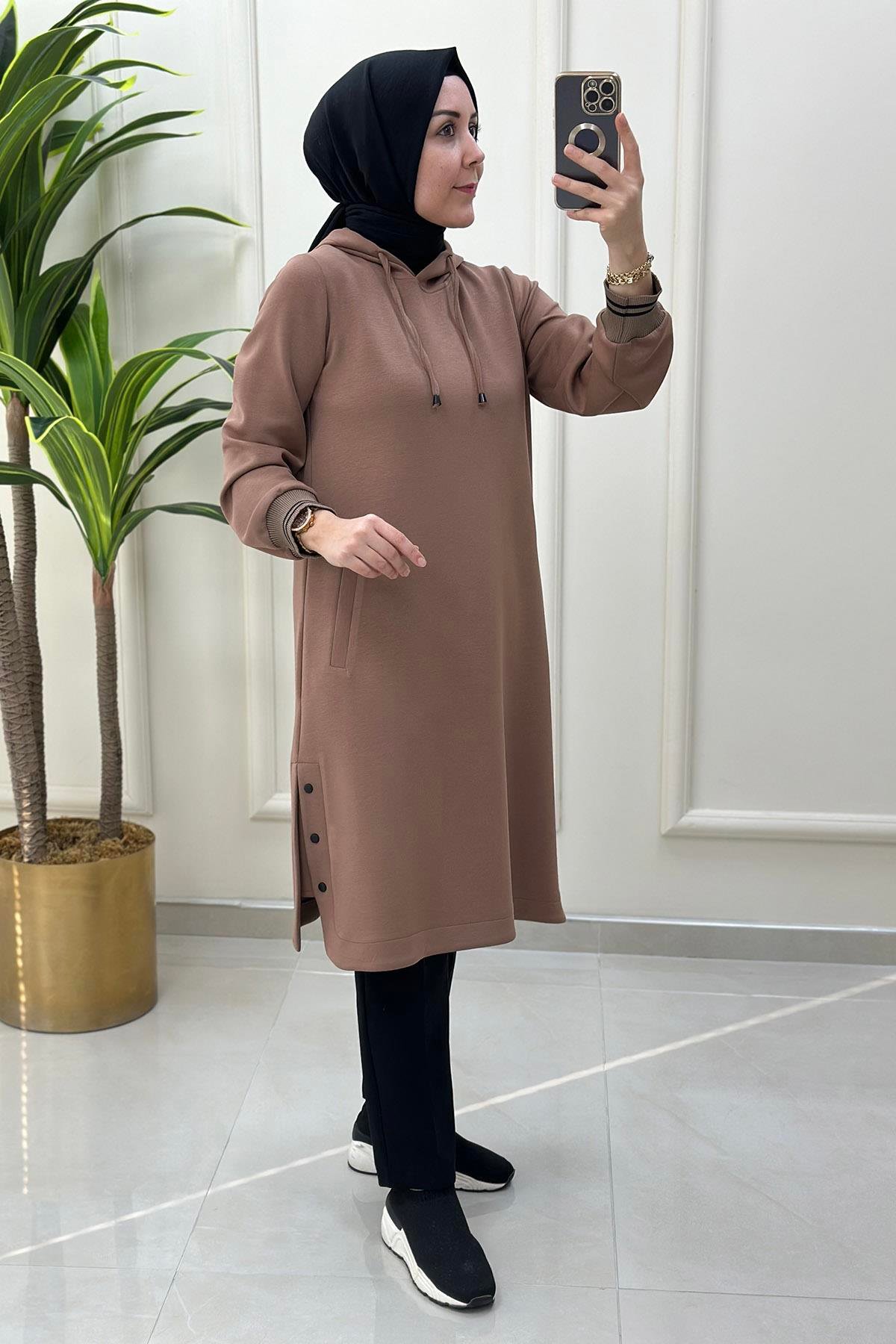 Tesettür TunikModal Yanı Düğmeli Kolu Ribanalı Kadın Tunik Taba ALS 4832