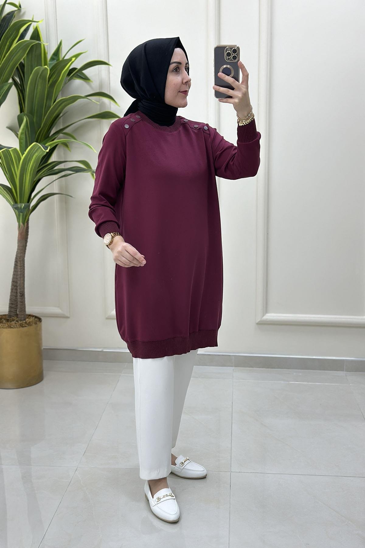 Tesettür TunikOmuz Düğme Detaylı Ribanalı Kadın Tunik Açık Bordo KADO 251443