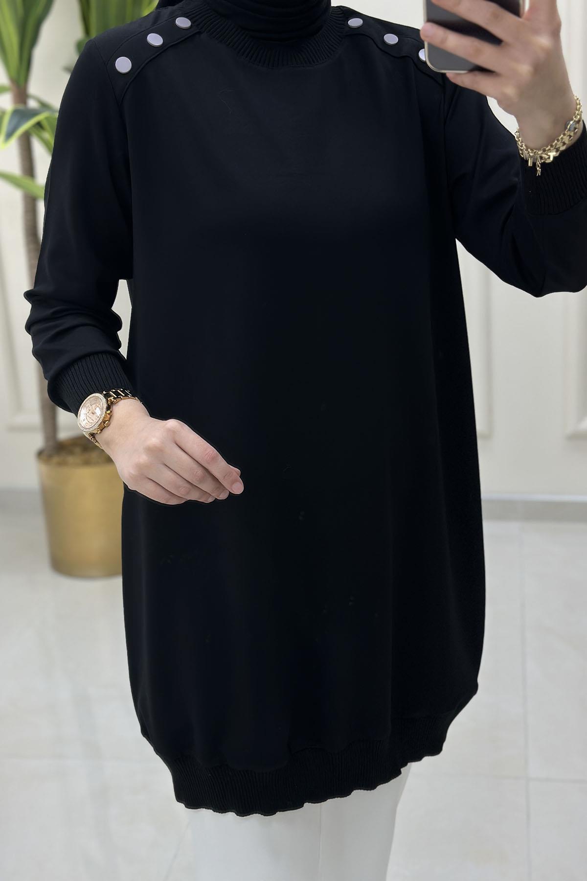 Tesettür TunikOmuz Düğme Detaylı Ribanalı Kadın Tunik Siyah KADO 251443