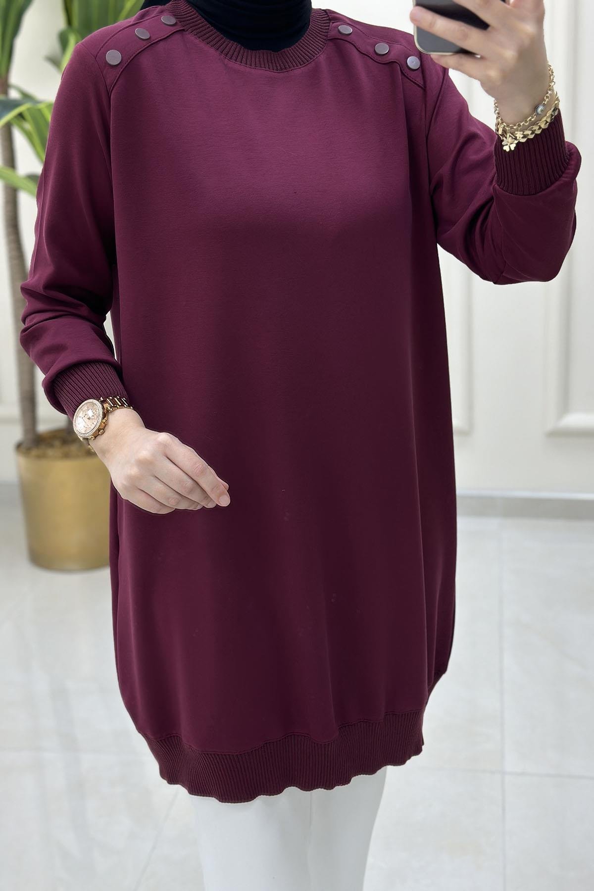 Tesettür TunikOmuz Düğme Detaylı Ribanalı Kadın Tunik Açık Bordo KADO 251443