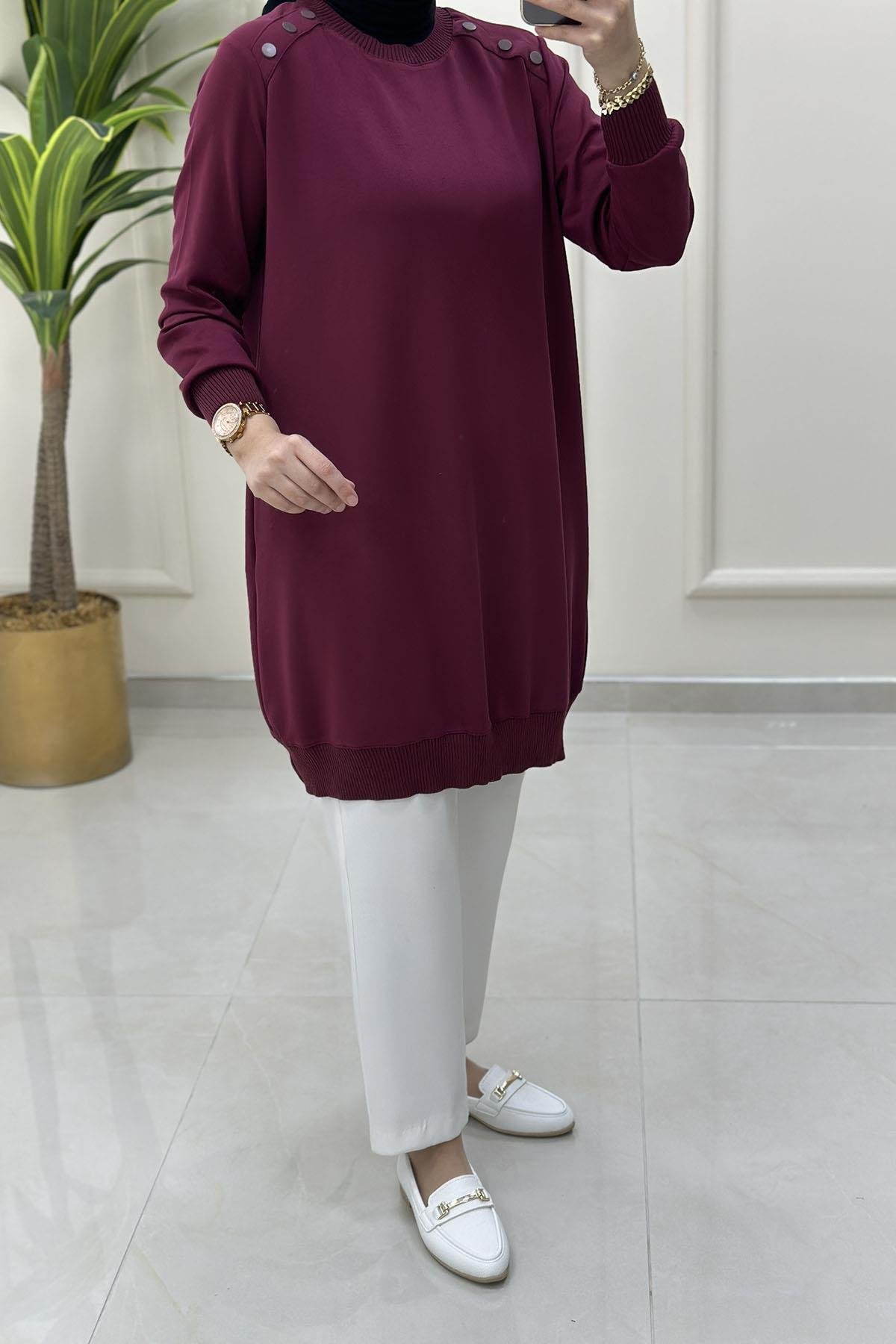 Tesettür TunikOmuz Düğme Detaylı Ribanalı Kadın Tunik Açık Bordo KADO 251443