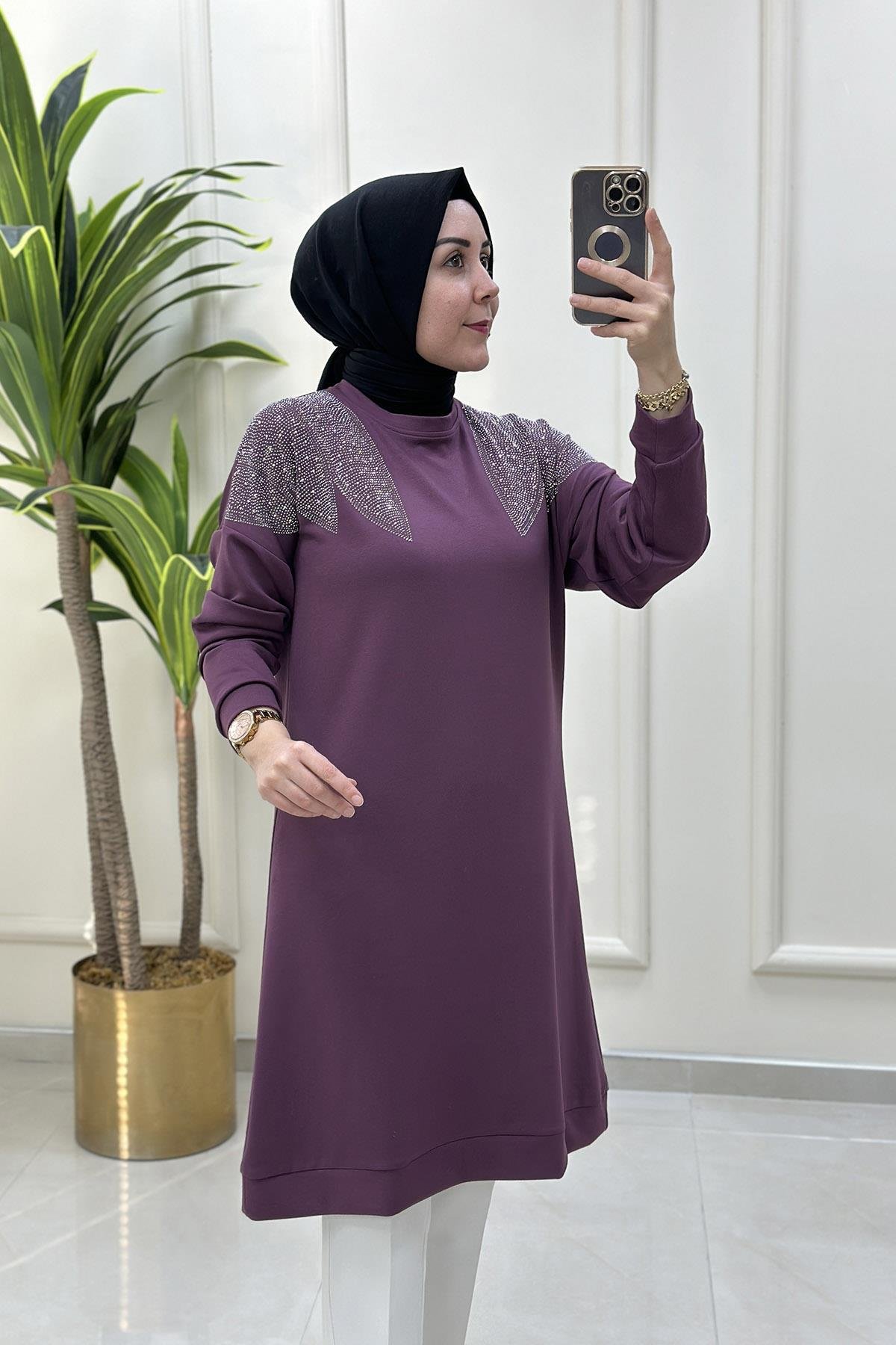 Tesettür TunikOmuz Taş Detaylı Kadın Tunik Gül Kurusu ELR 1210