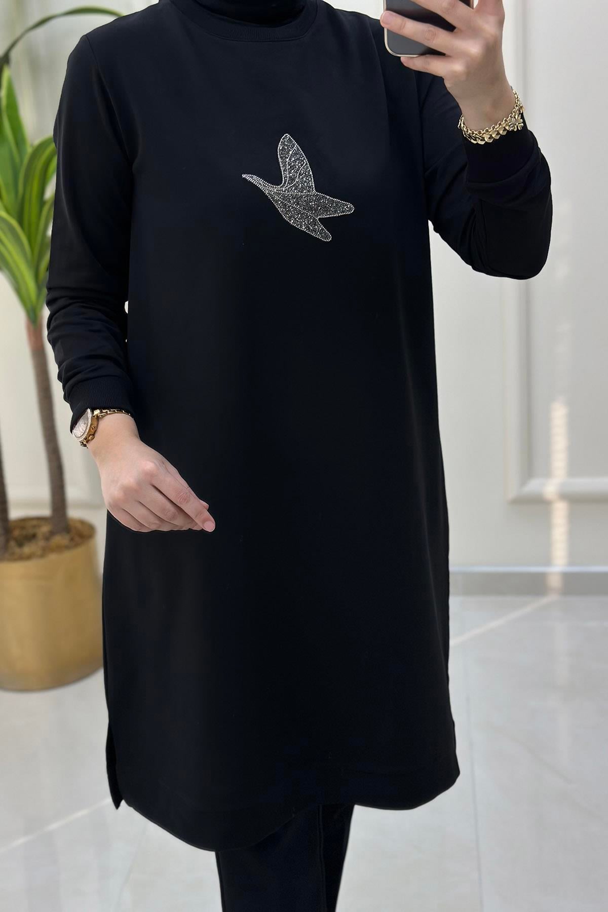 Tesettür TunikÖnü Aksesuar Baskılı Ribanalı Kadın Tunik Siyah KADO 9098