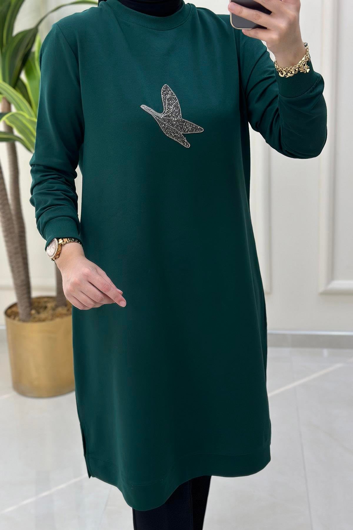 Tesettür TunikÖnü Aksesuar Baskılı Ribanalı Kadın Tunik Zümrüt Yeşili KADO 9098