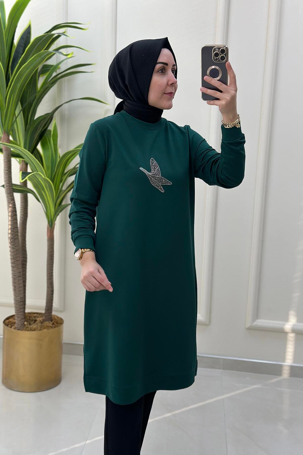 Tesettür TunikÖnü Aksesuar Baskılı Ribanalı Kadın Tunik Zümrüt Yeşili KADO 9098